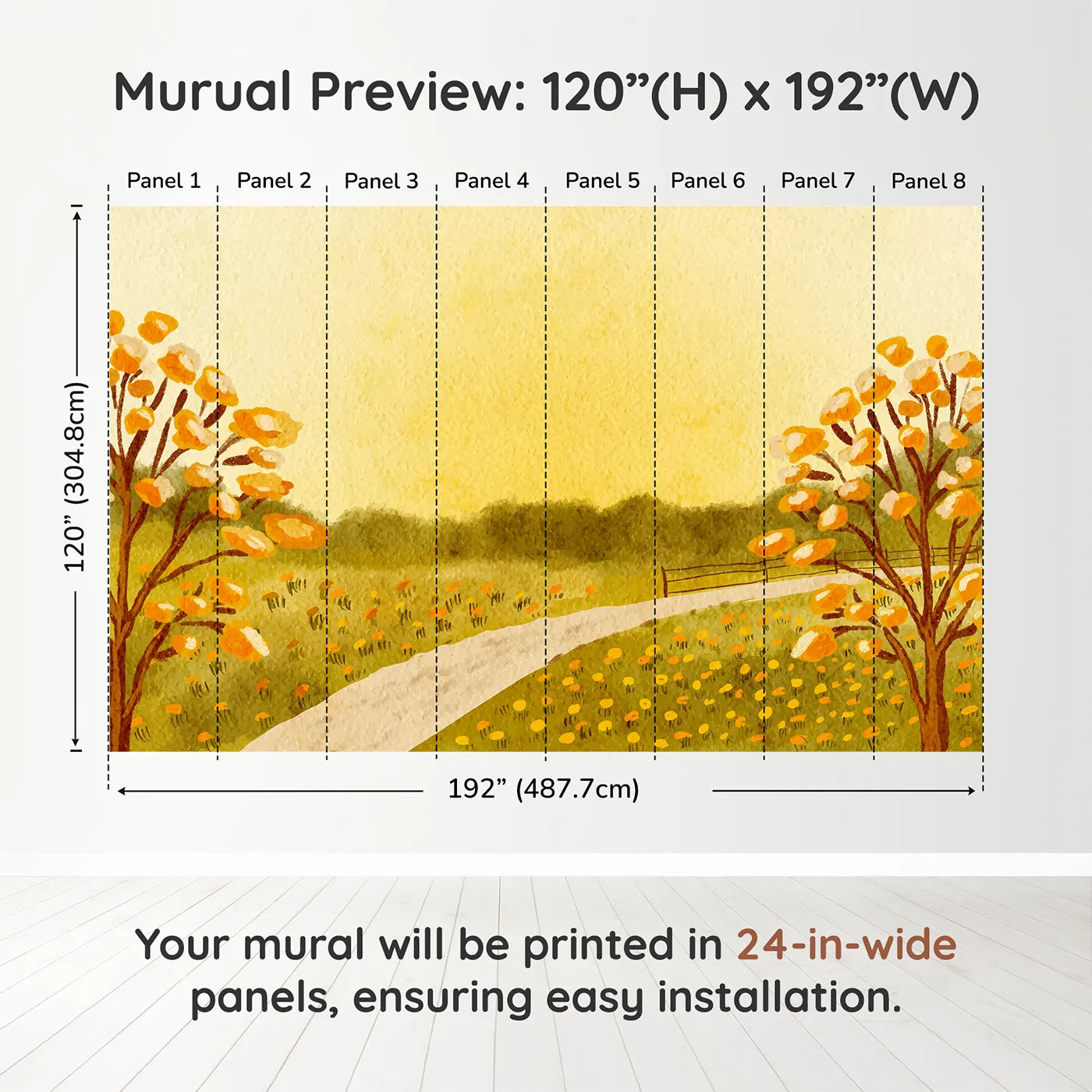 Whimsy Tots Golden Meadow Path Wall Muraldimension view (120" H x 192" W). Printed in eight 24-inch-wide panels. Gender-Neutral