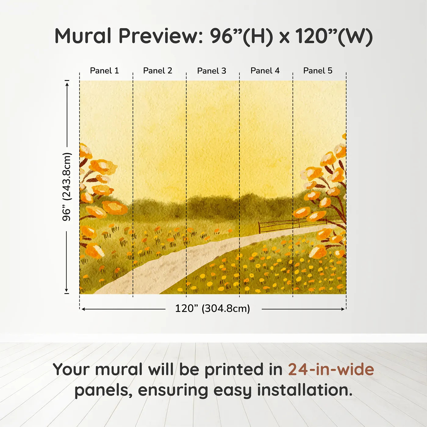 Whimsy Tots Golden Meadow Path Wall Muraldimension view (96" H x 120" W). Printed in five 24-inch-wide panels. Gender-Neutral