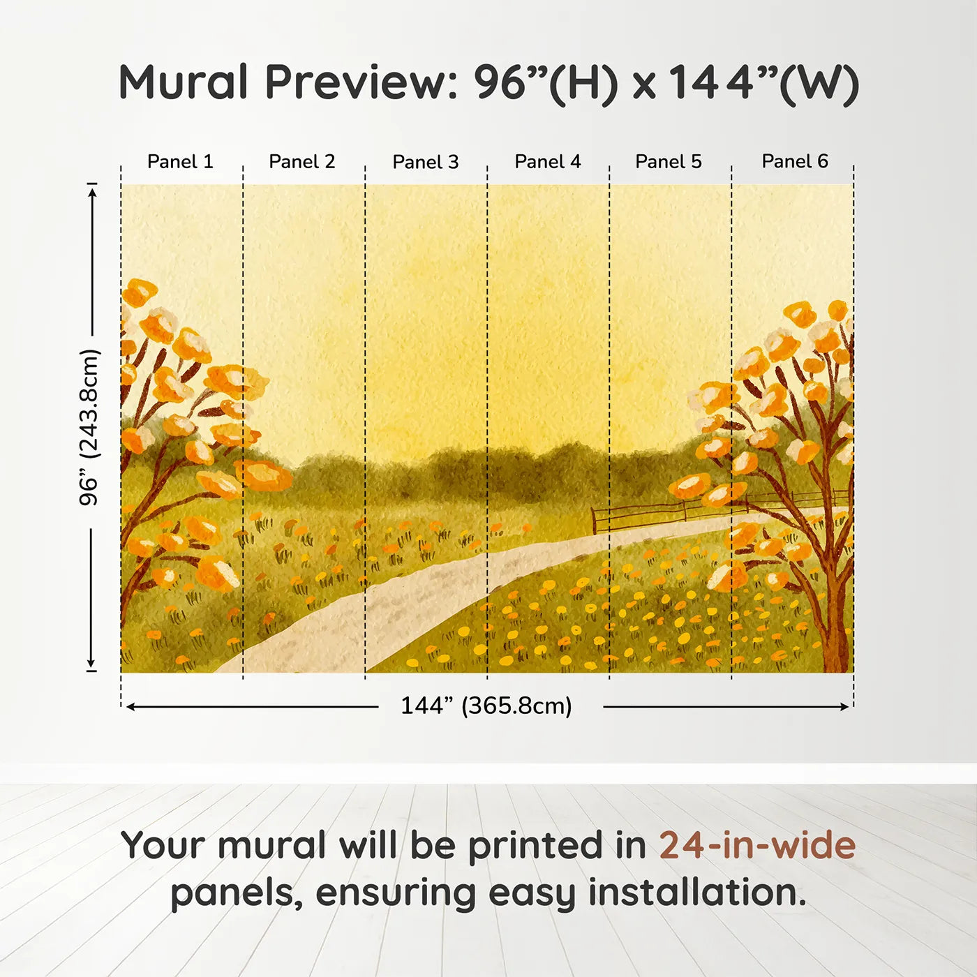 Whimsy Tots Golden Meadow Path Wall Muraldimension view (96" H x 144" W). Printed in six 24-inch-wide panels. Gender-Neutral
