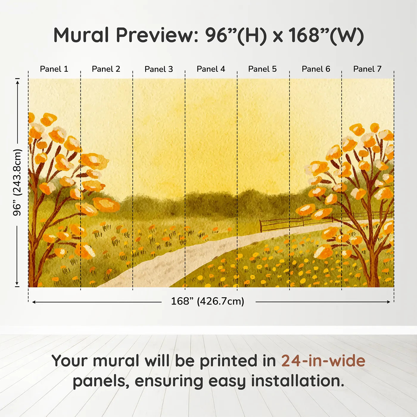 Whimsy Tots Golden Meadow Path Wall Muraldimension view (96" H x 168" W). Printed in seven 24-inch-wide panels. Gender-Neutral