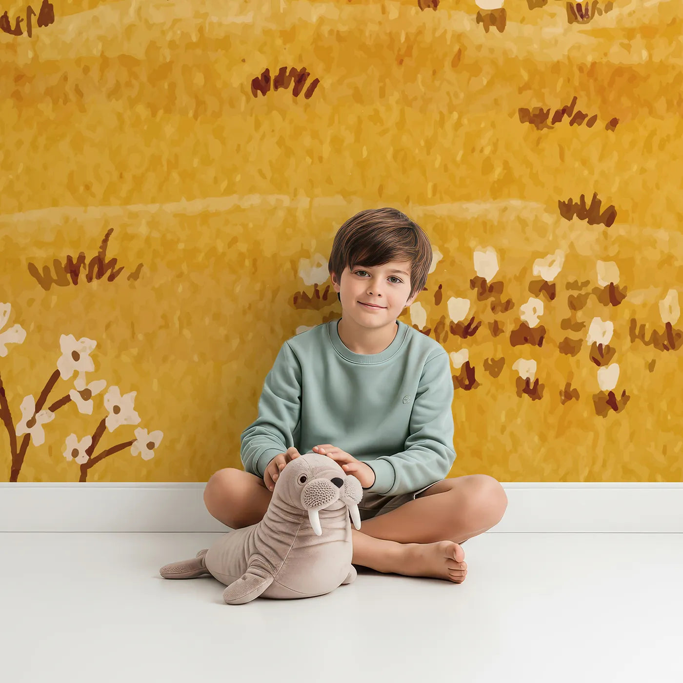 Child in front of Whimsy Tots Golden Valley Farm Wall Mural with farm, landscape, watercolor, sheep, valley, mountain, gold, country in design.