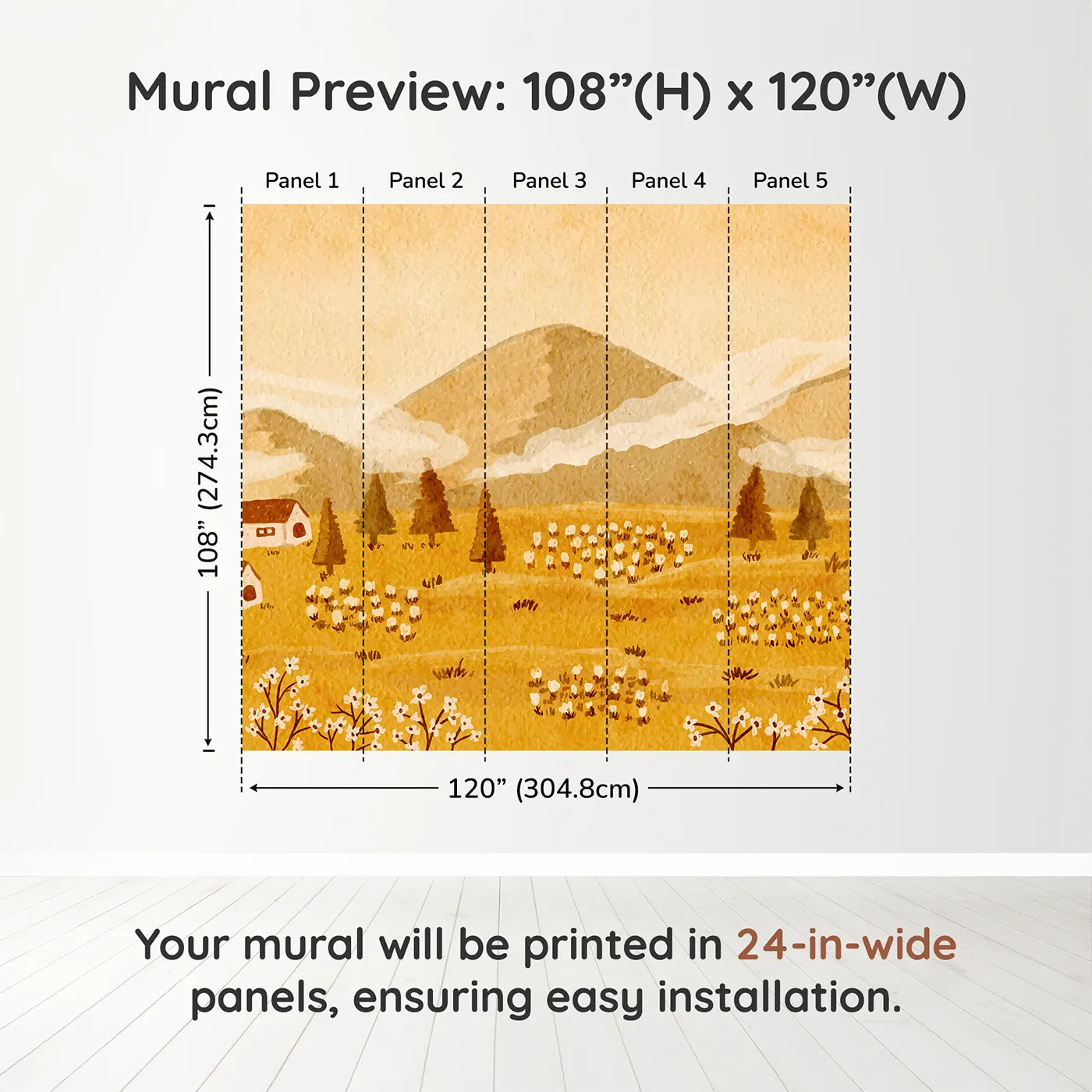 Whimsy Tots Golden Valley Farm Wall Muraldimension view (108" H x 120" W). Printed in five 24-inch-wide panels. Gender-Neutral