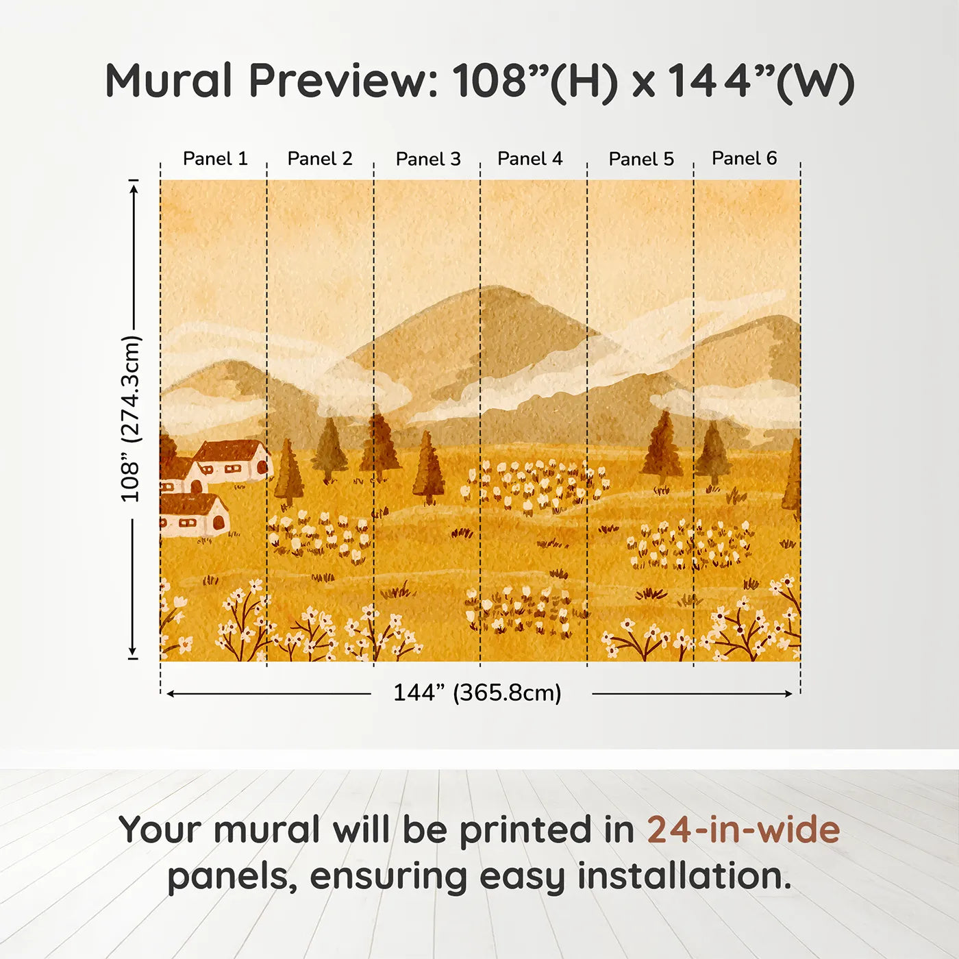 Whimsy Tots Golden Valley Farm Wall Muraldimension view (108" H x 144" W). Printed in six 24-inch-wide panels. Gender-Neutral