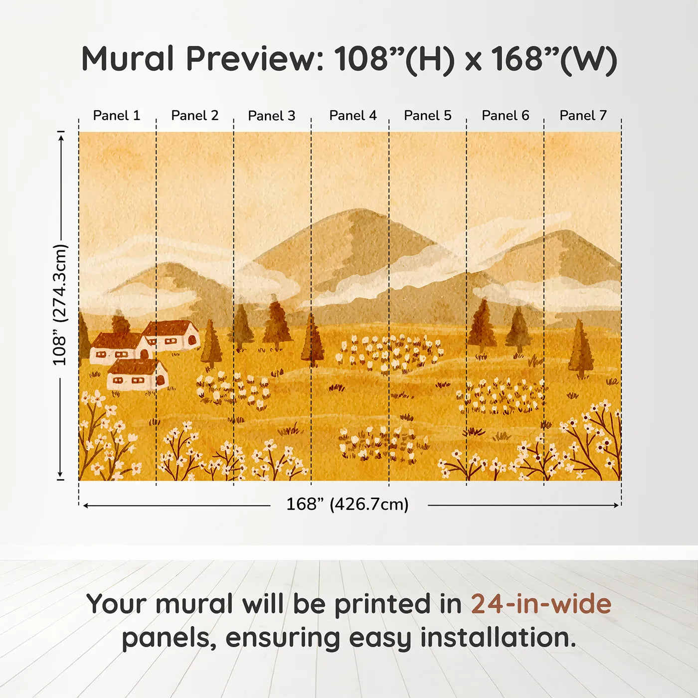 Whimsy Tots Golden Valley Farm Wall Muraldimension view (108" H x 168" W). Printed in seven 24-inch-wide panels. Gender-Neutral