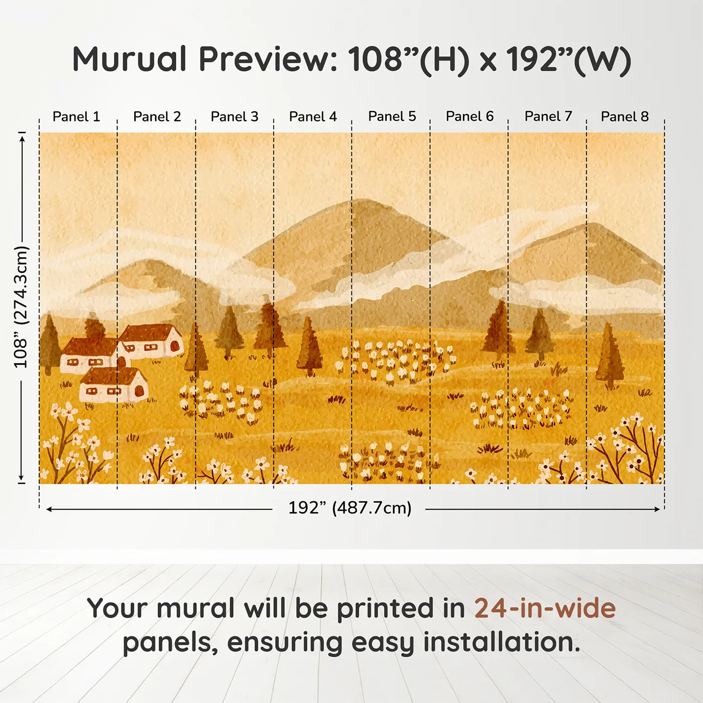 Whimsy Tots Golden Valley Farm Wall Muraldimension view (108" H x 192" W). Printed in eight 24-inch-wide panels. Gender-Neutral