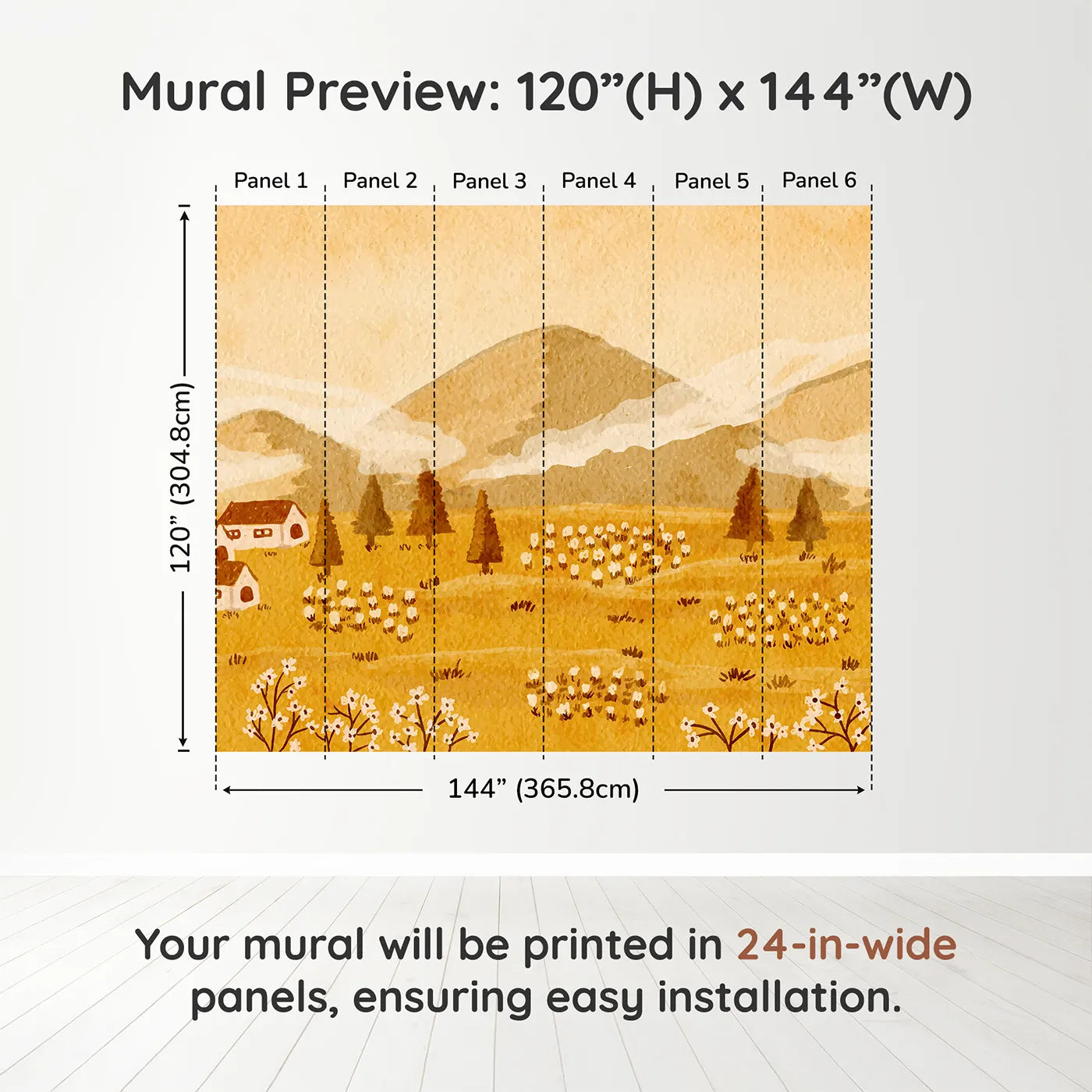 Whimsy Tots Golden Valley Farm Wall Muraldimension view (120" H x 144" W). Printed in six 24-inch-wide panels. Gender-Neutral