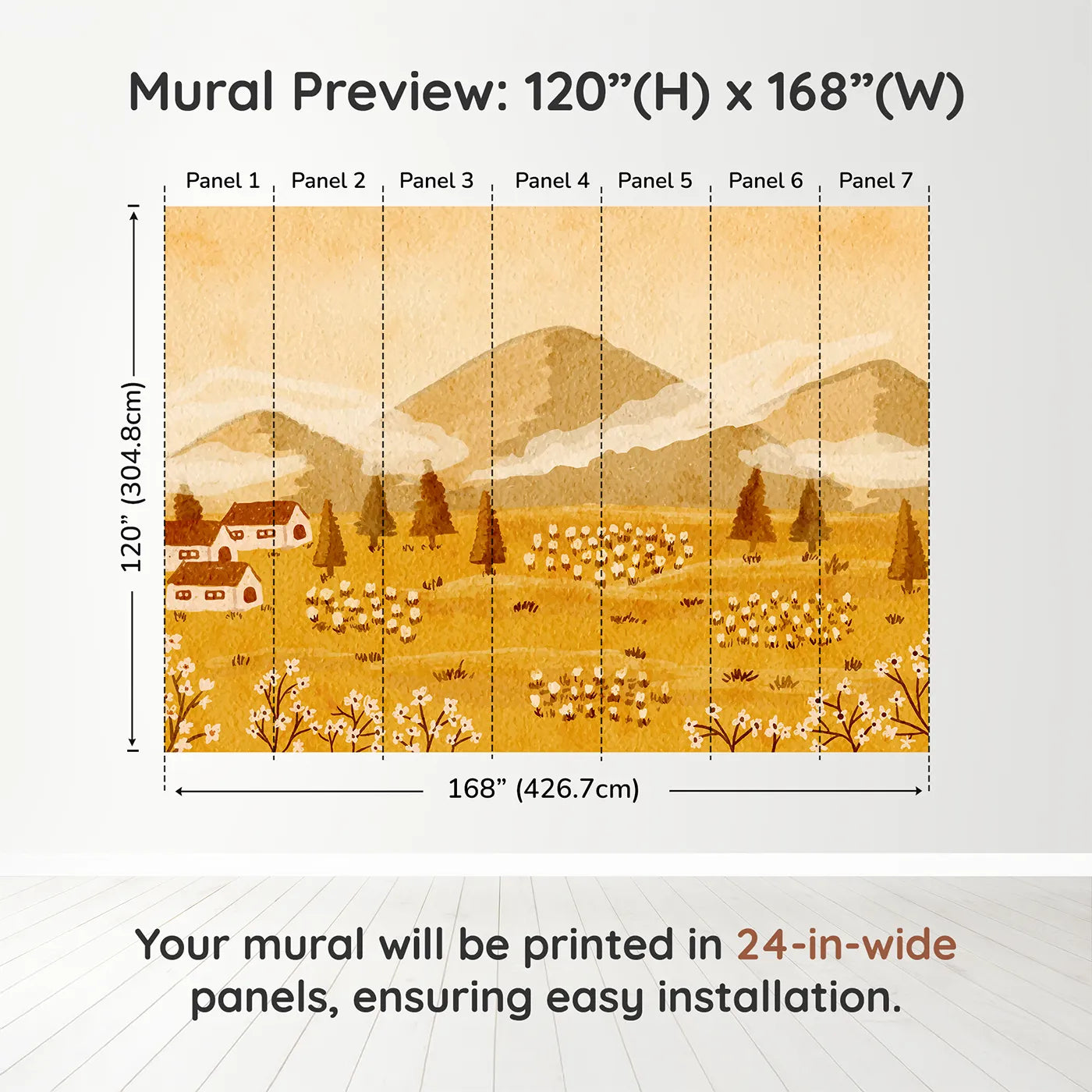 Whimsy Tots Golden Valley Farm Wall Muraldimension view (120" H x 168" W). Printed in seven 24-inch-wide panels. Gender-Neutral