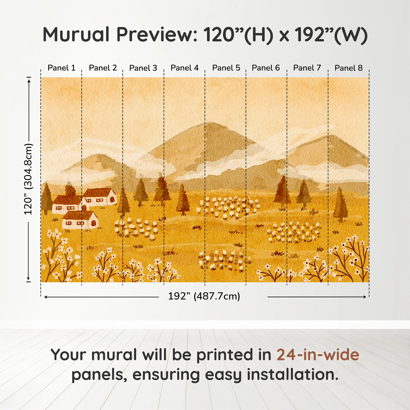 Whimsy Tots Golden Valley Farm Wall Muraldimension view (120" H x 192" W). Printed in eight 24-inch-wide panels. Gender-Neutral