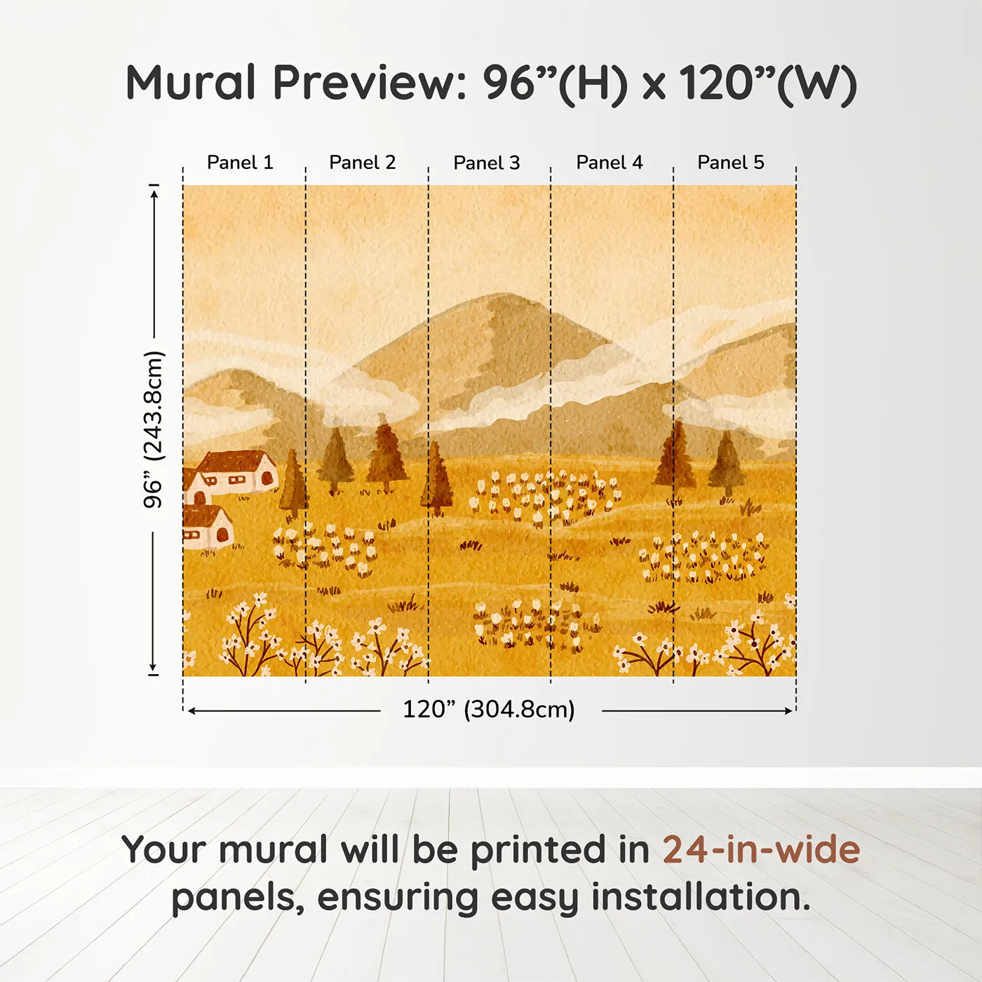 Whimsy Tots Golden Valley Farm Wall Muraldimension view (96" H x 120" W). Printed in five 24-inch-wide panels. Gender-Neutral