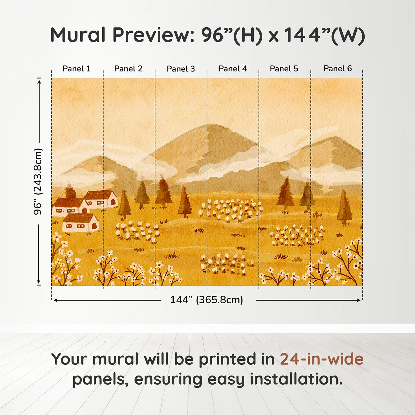 Whimsy Tots Golden Valley Farm Wall Muraldimension view (96" H x 144" W). Printed in six 24-inch-wide panels. Gender-Neutral