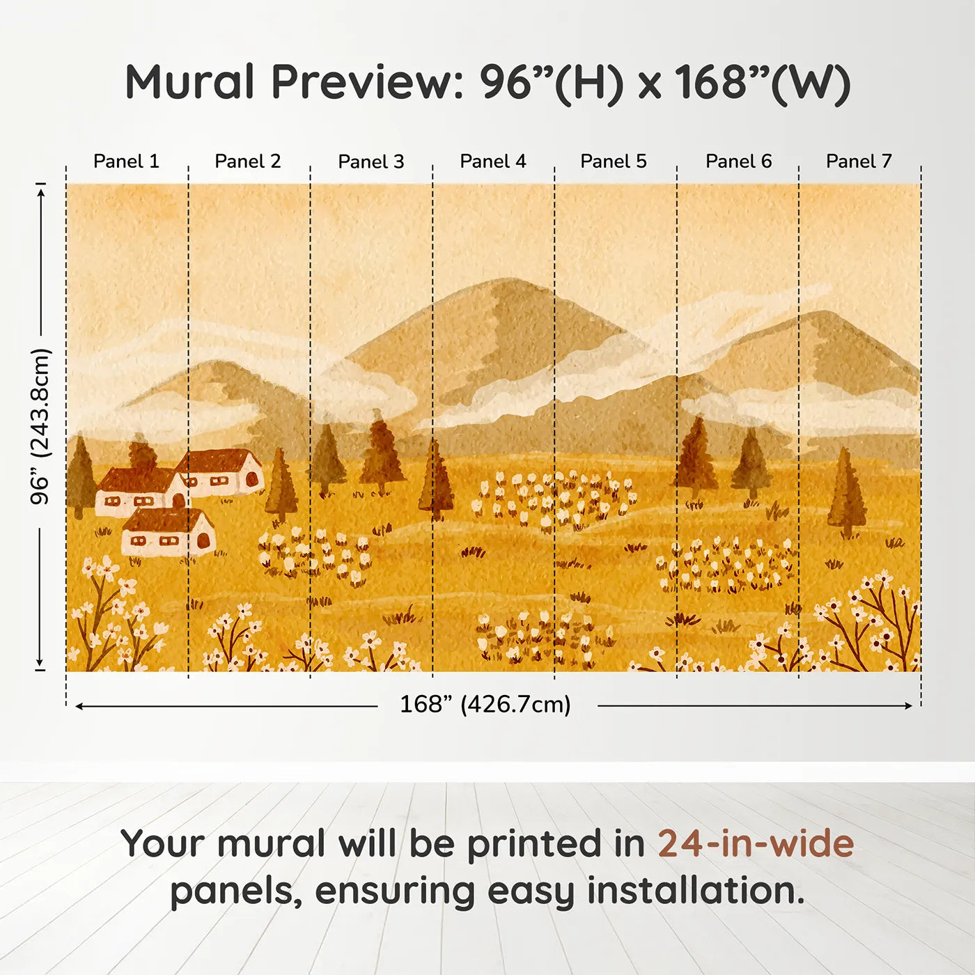 Whimsy Tots Golden Valley Farm Wall Muraldimension view (96" H x 168" W). Printed in seven 24-inch-wide panels. Gender-Neutral