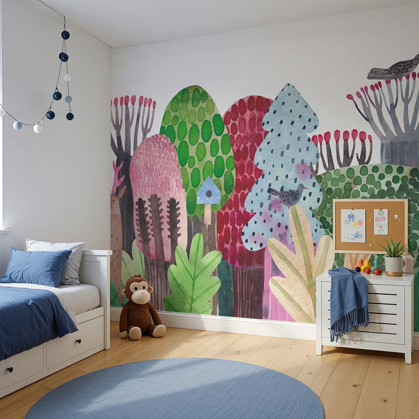 Angled view of Whimsy Tots' Watercolor Forest Friends Wall Mural (Turn Their Room into a Whimsical Woodland Party).Gender-Neutral