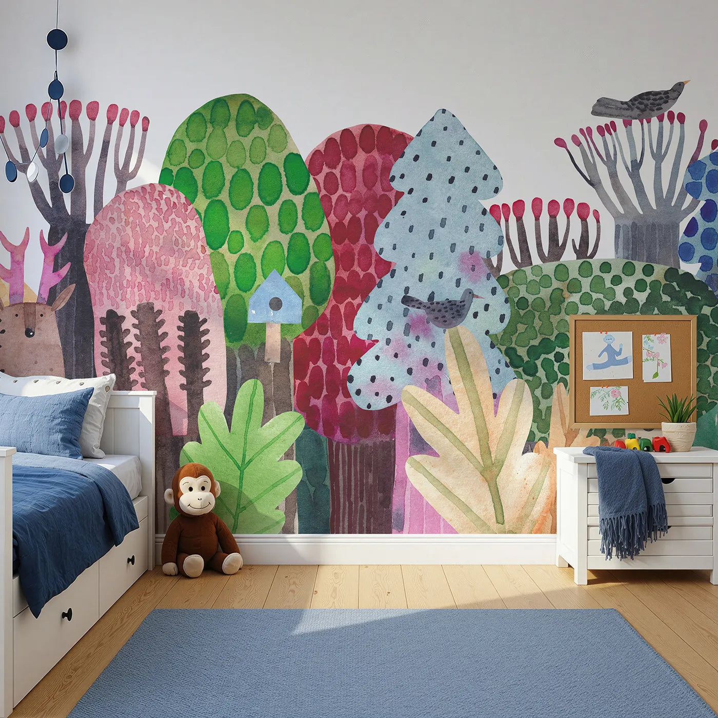 Front view of Whimsy Tots' Watercolor Forest Friends Wall Mural