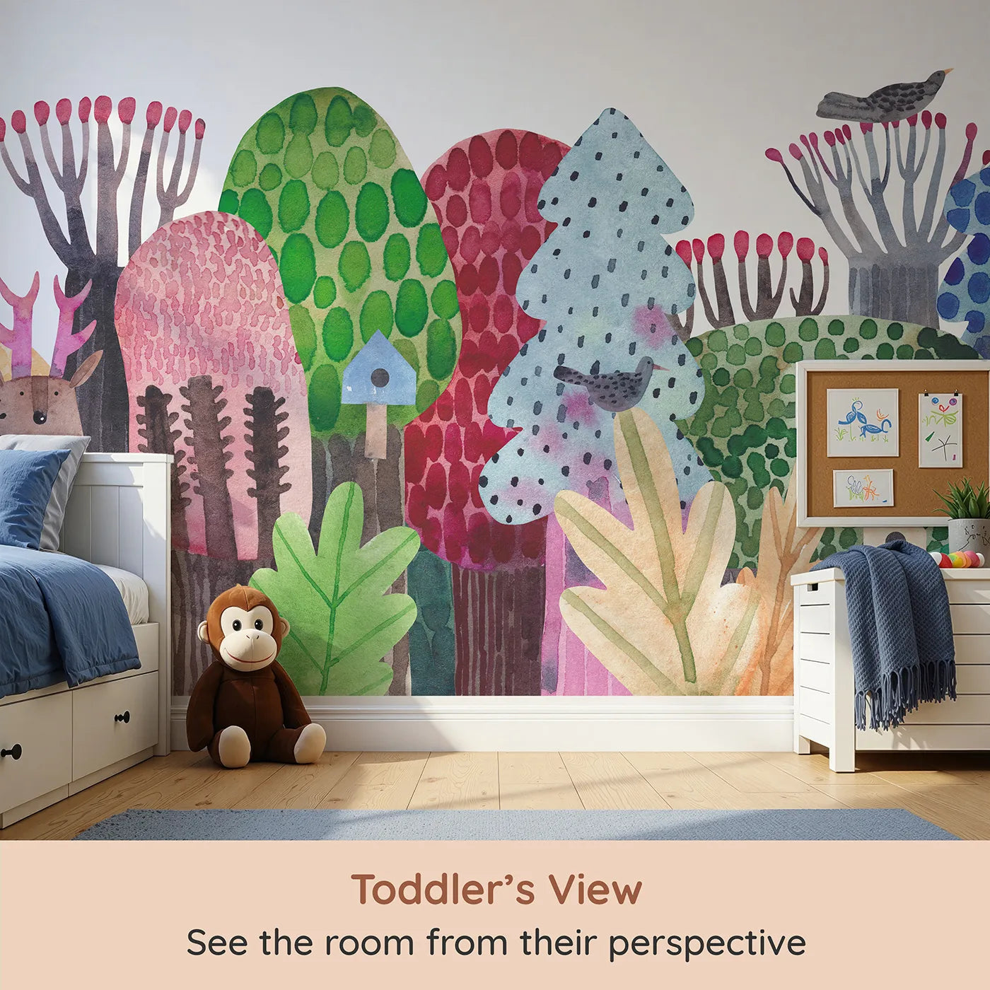Whimsy Tots Watercolor Forest Friends Wall Mural (Turn Their Room into a Whimsical Woodland Party) from your child's view.Gender-Neutral