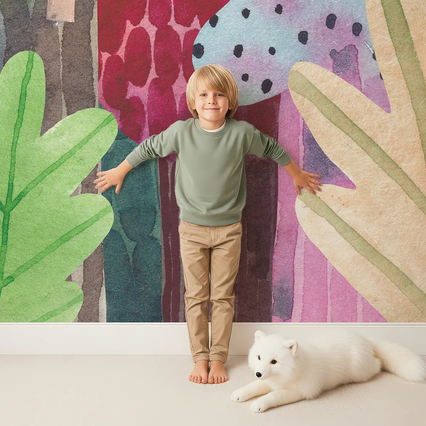 Child in front of Whimsy Tots Watercolor Forest Friends Wall Mural with forest, tree, deer, bird, watercolor, colorful, abstract, whimsical in design.