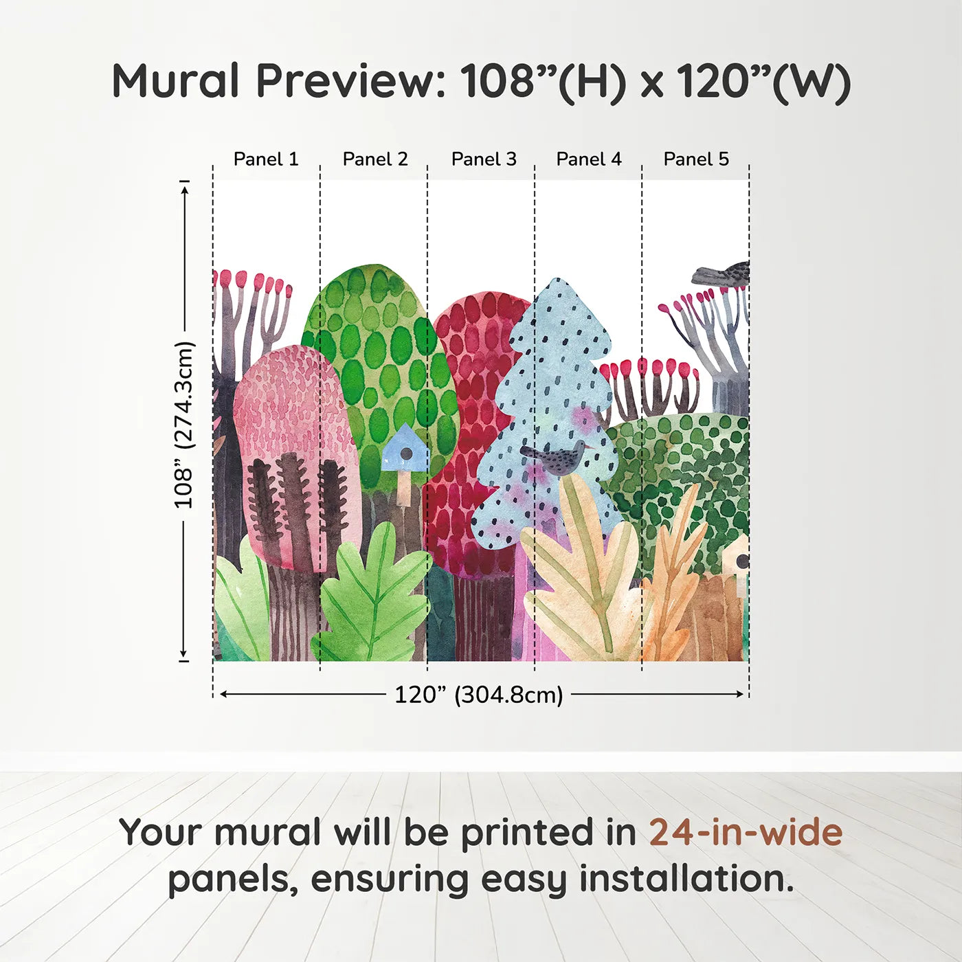 Whimsy Tots Watercolor Forest Friends Wall Muraldimension view (108" H x 120" W). Printed in five 24-inch-wide panels. Gender-Neutral