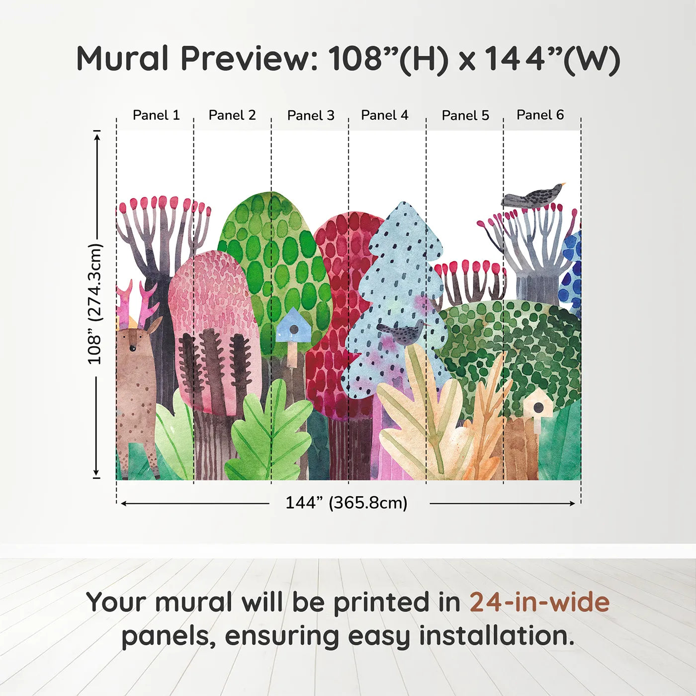 Whimsy Tots Watercolor Forest Friends Wall Muraldimension view (108" H x 144" W). Printed in six 24-inch-wide panels. Gender-Neutral