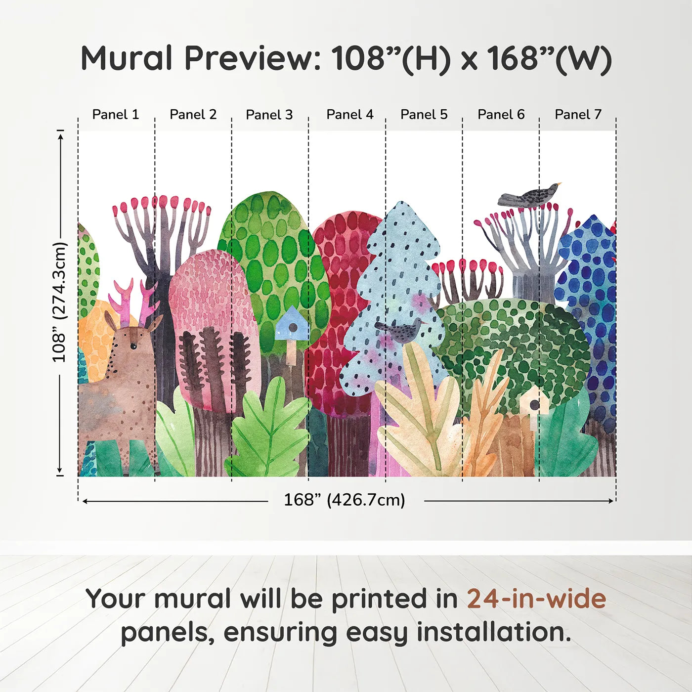 Whimsy Tots Watercolor Forest Friends Wall Muraldimension view (108" H x 168" W). Printed in seven 24-inch-wide panels. Gender-Neutral