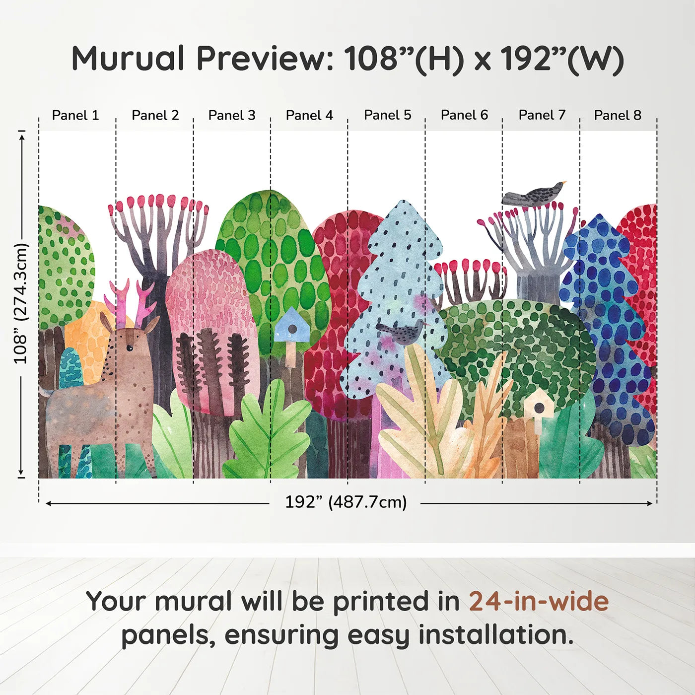 Whimsy Tots Watercolor Forest Friends Wall Muraldimension view (108" H x 192" W). Printed in eight 24-inch-wide panels. Gender-Neutral