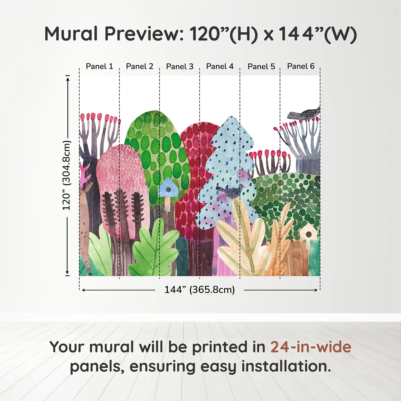 Whimsy Tots Watercolor Forest Friends Wall Muraldimension view (120" H x 144" W). Printed in six 24-inch-wide panels. Gender-Neutral