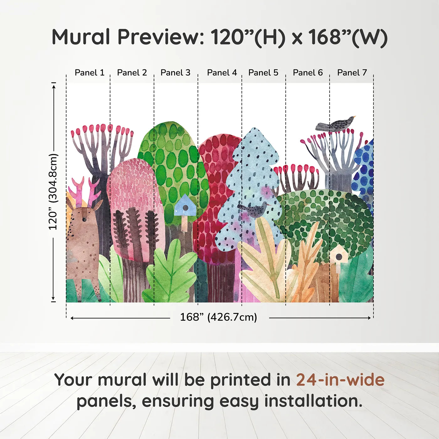 Whimsy Tots Watercolor Forest Friends Wall Muraldimension view (120" H x 168" W). Printed in seven 24-inch-wide panels. Gender-Neutral