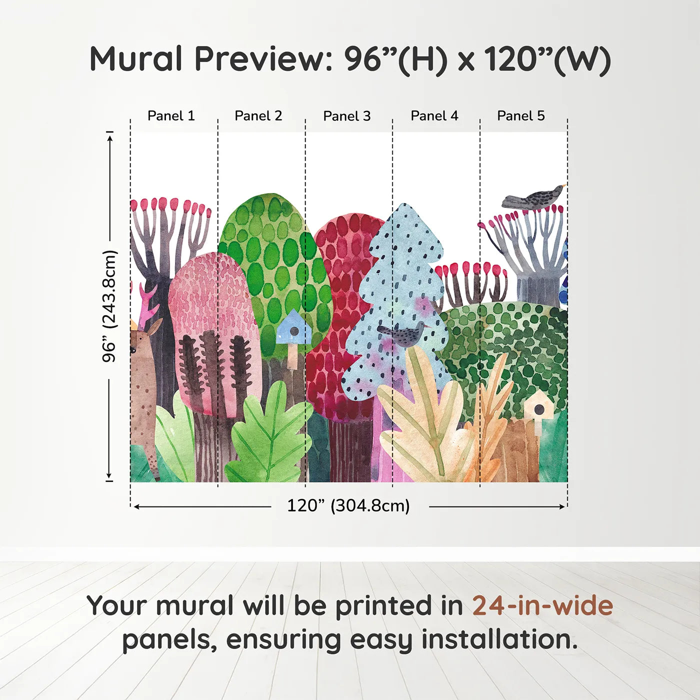 Whimsy Tots Watercolor Forest Friends Wall Muraldimension view (96" H x 120" W). Printed in five 24-inch-wide panels. Gender-Neutral