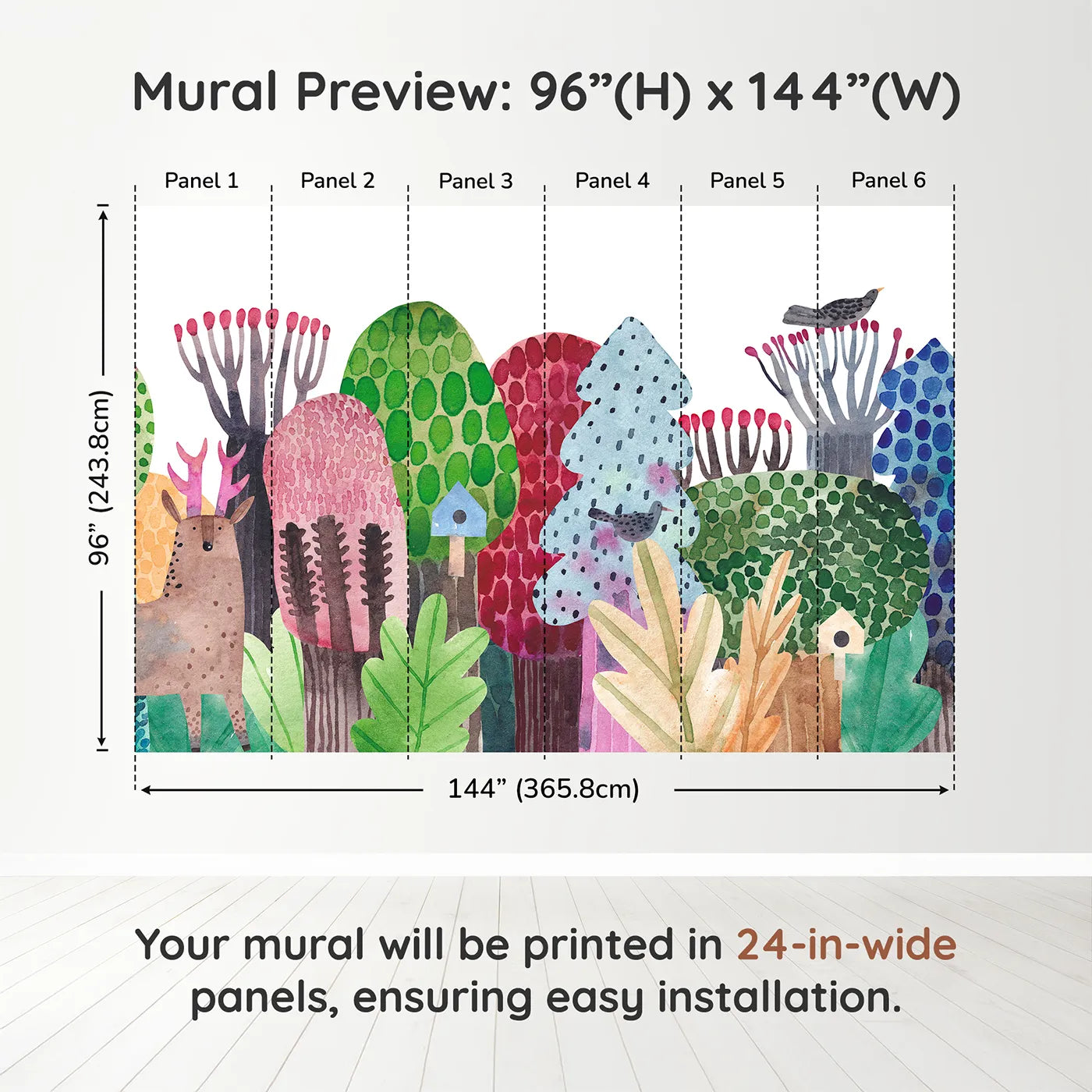 Whimsy Tots Watercolor Forest Friends Wall Muraldimension view (96" H x 144" W). Printed in six 24-inch-wide panels. Gender-Neutral