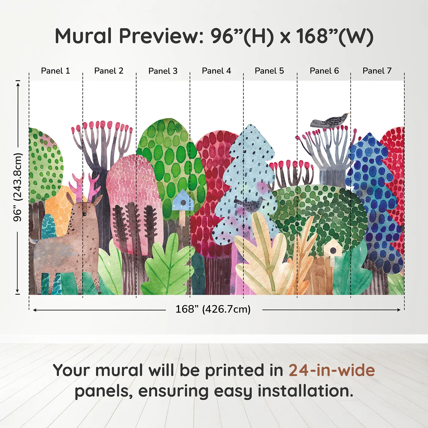 Whimsy Tots Watercolor Forest Friends Wall Muraldimension view (96" H x 168" W). Printed in seven 24-inch-wide panels. Gender-Neutral