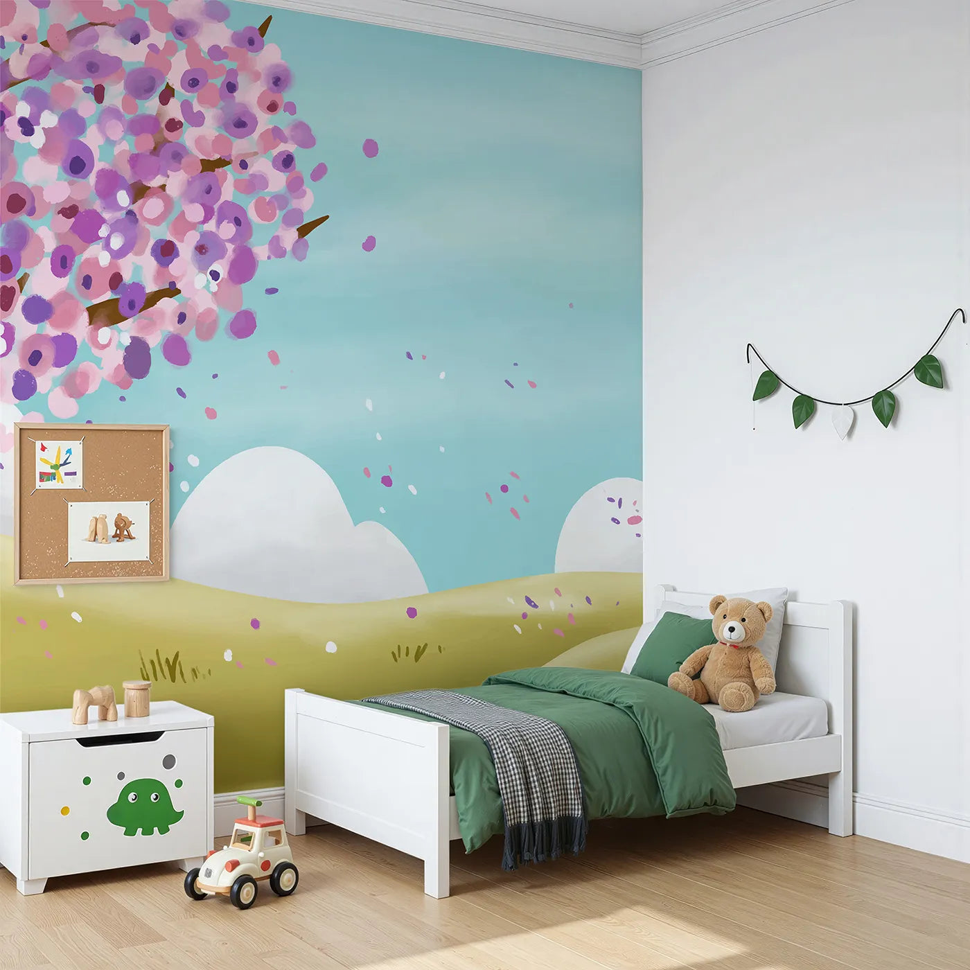 Angled view of Whimsy Tots' Spring Blossom Breeze Wall Mural (Turn Their Room into a Perfect, Breezy Spring Day).Gender-Neutral