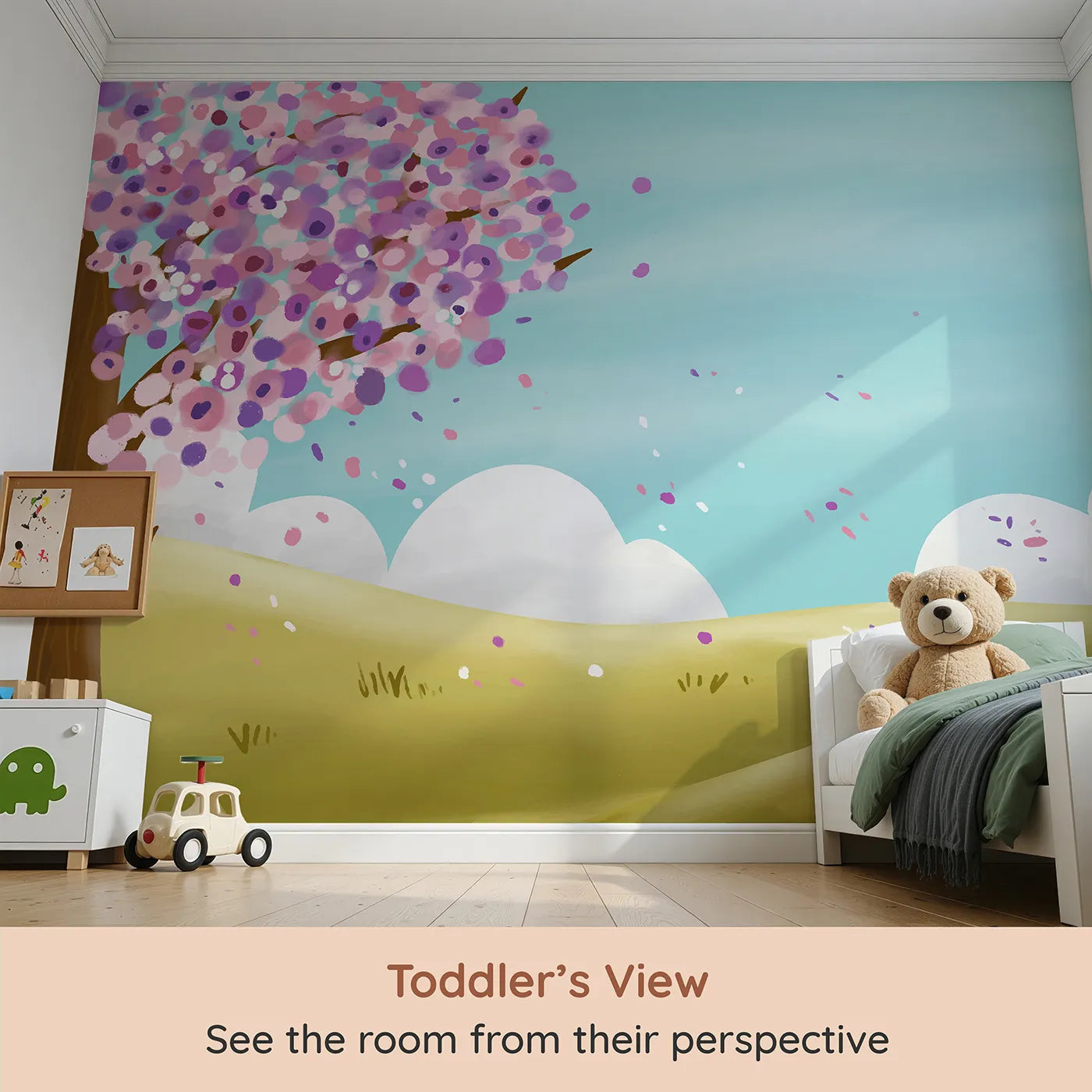 Whimsy Tots Spring Blossom Breeze Wall Mural (Turn Their Room into a Perfect, Breezy Spring Day) from your child's view.Gender-Neutral