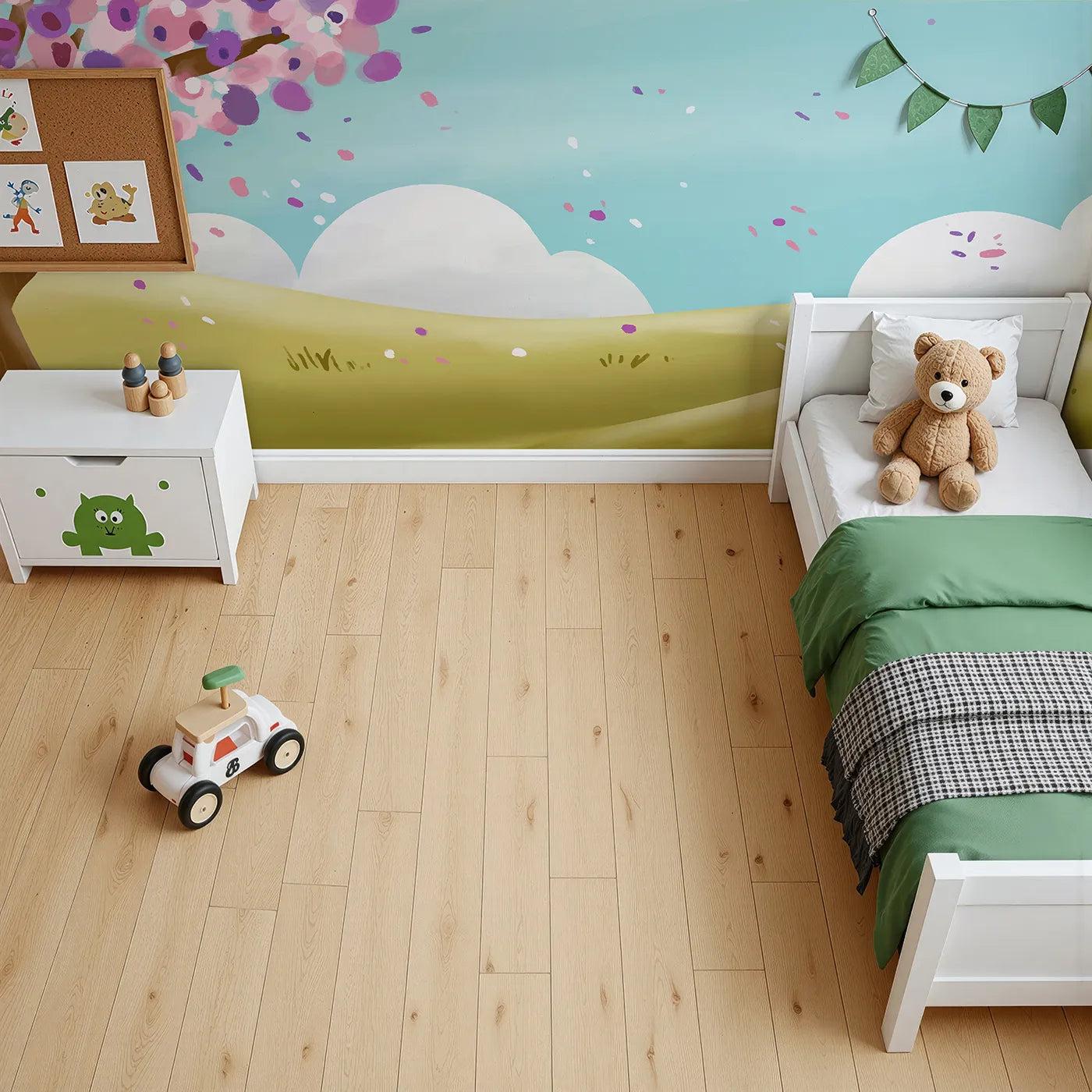 Top-down view of Whimsy Tots' Spring Blossom Breeze Wall Mural (Turn Their Room into a Perfect, Breezy Spring Day).Gender-Neutral