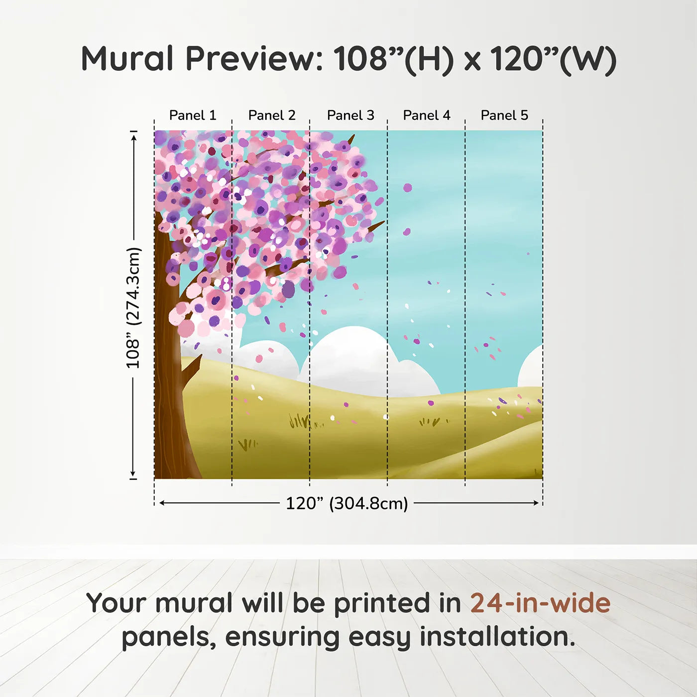 Whimsy Tots Spring Blossom Breeze Wall Muraldimension view (108" H x 120" W). Printed in five 24-inch-wide panels. Gender-Neutral