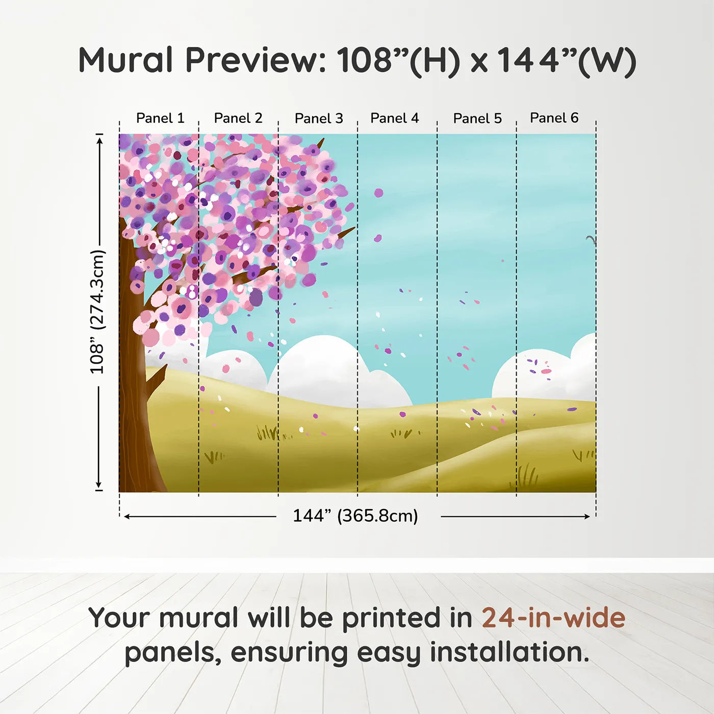 Whimsy Tots Spring Blossom Breeze Wall Muraldimension view (108" H x 144" W). Printed in six 24-inch-wide panels. Gender-Neutral