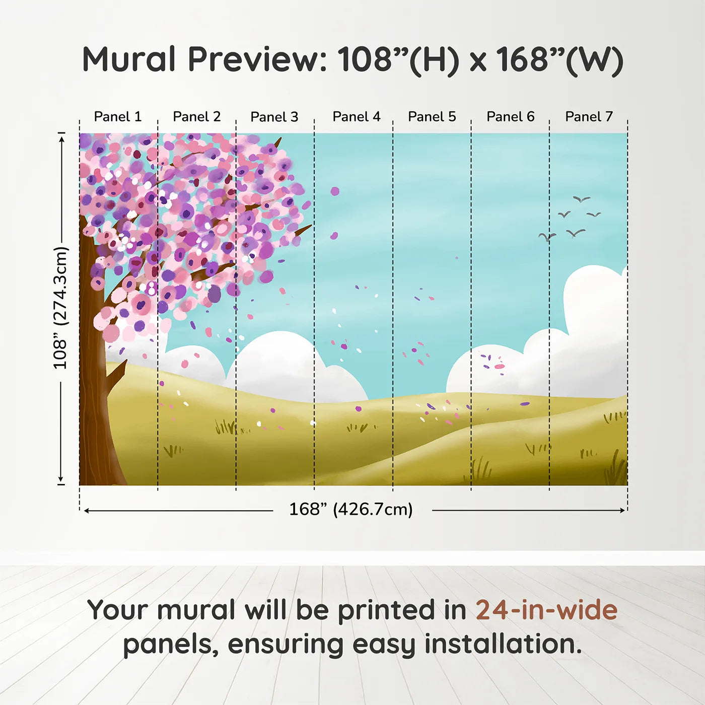 Whimsy Tots Spring Blossom Breeze Wall Muraldimension view (108" H x 168" W). Printed in seven 24-inch-wide panels. Gender-Neutral