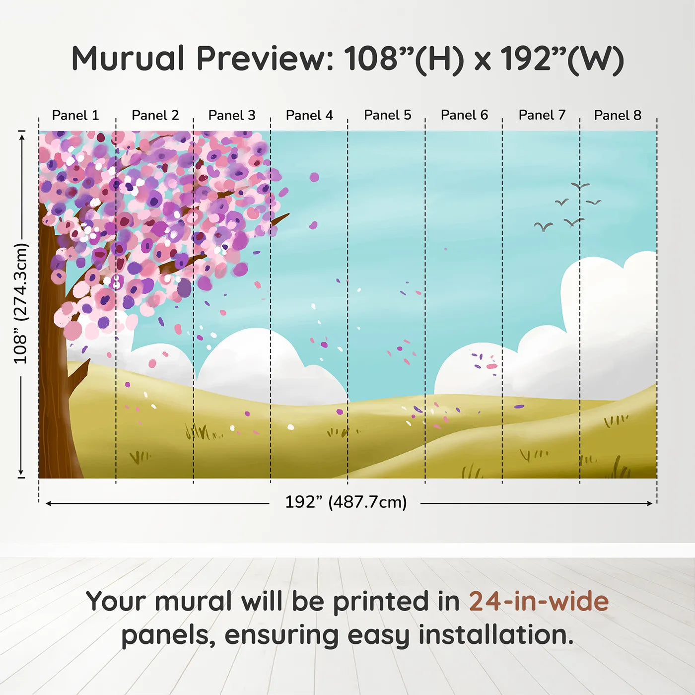 Whimsy Tots Spring Blossom Breeze Wall Muraldimension view (108" H x 192" W). Printed in eight 24-inch-wide panels. Gender-Neutral