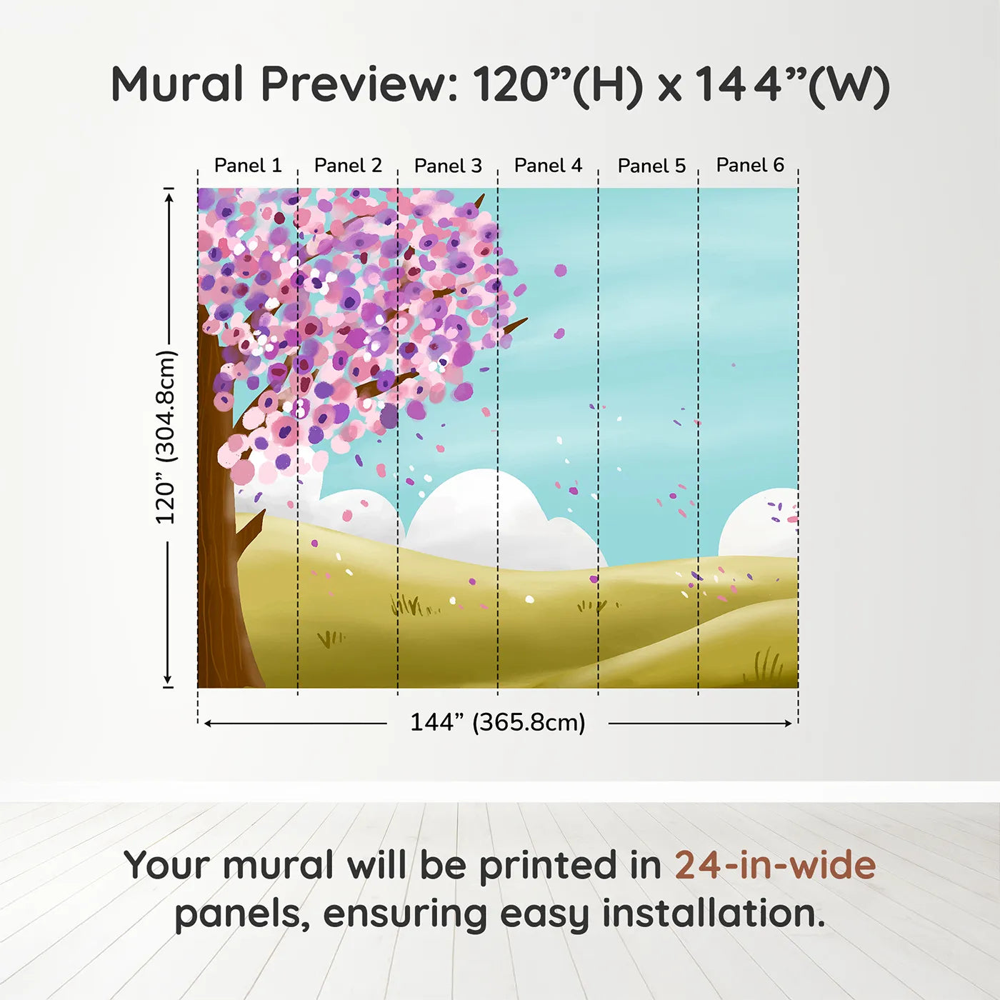 Whimsy Tots Spring Blossom Breeze Wall Muraldimension view (120" H x 144" W). Printed in six 24-inch-wide panels. Gender-Neutral