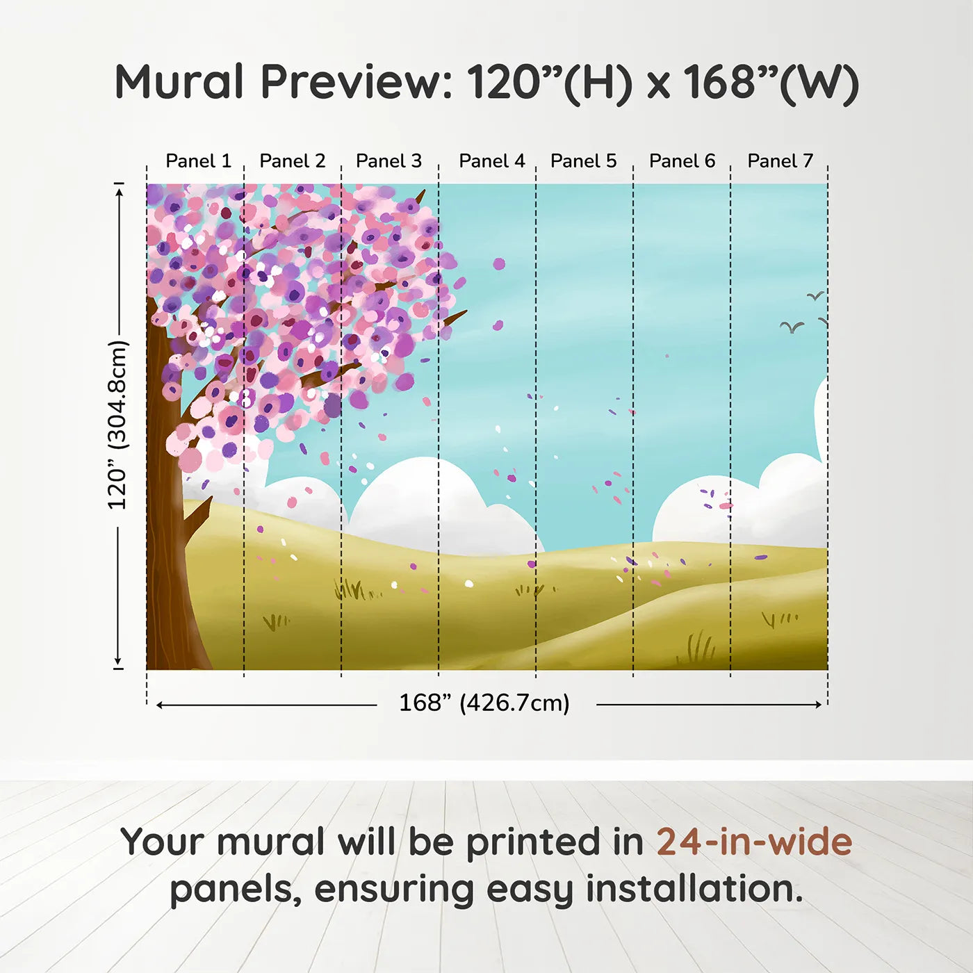 Whimsy Tots Spring Blossom Breeze Wall Muraldimension view (120" H x 168" W). Printed in seven 24-inch-wide panels. Gender-Neutral