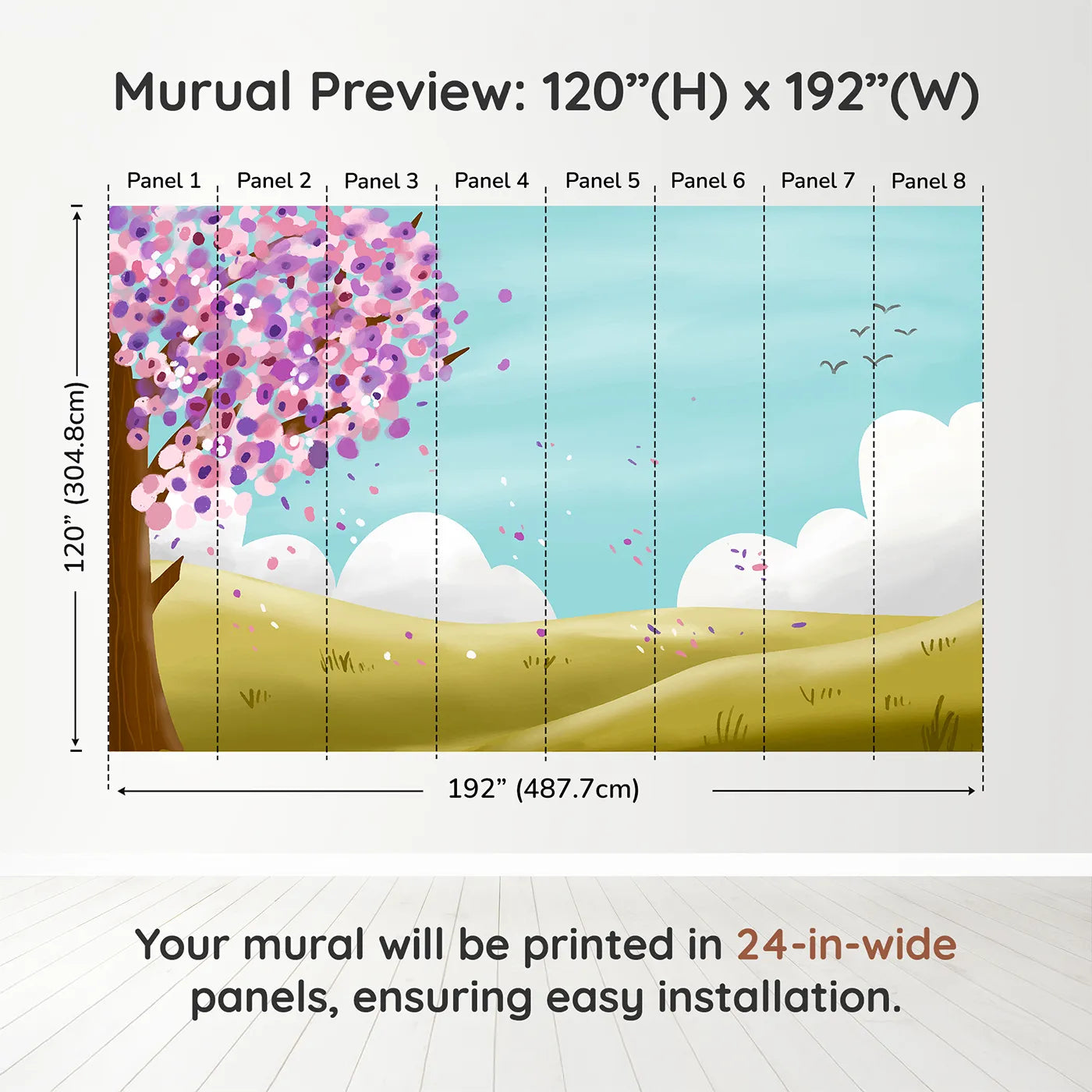 Whimsy Tots Spring Blossom Breeze Wall Muraldimension view (120" H x 192" W). Printed in eight 24-inch-wide panels. Gender-Neutral