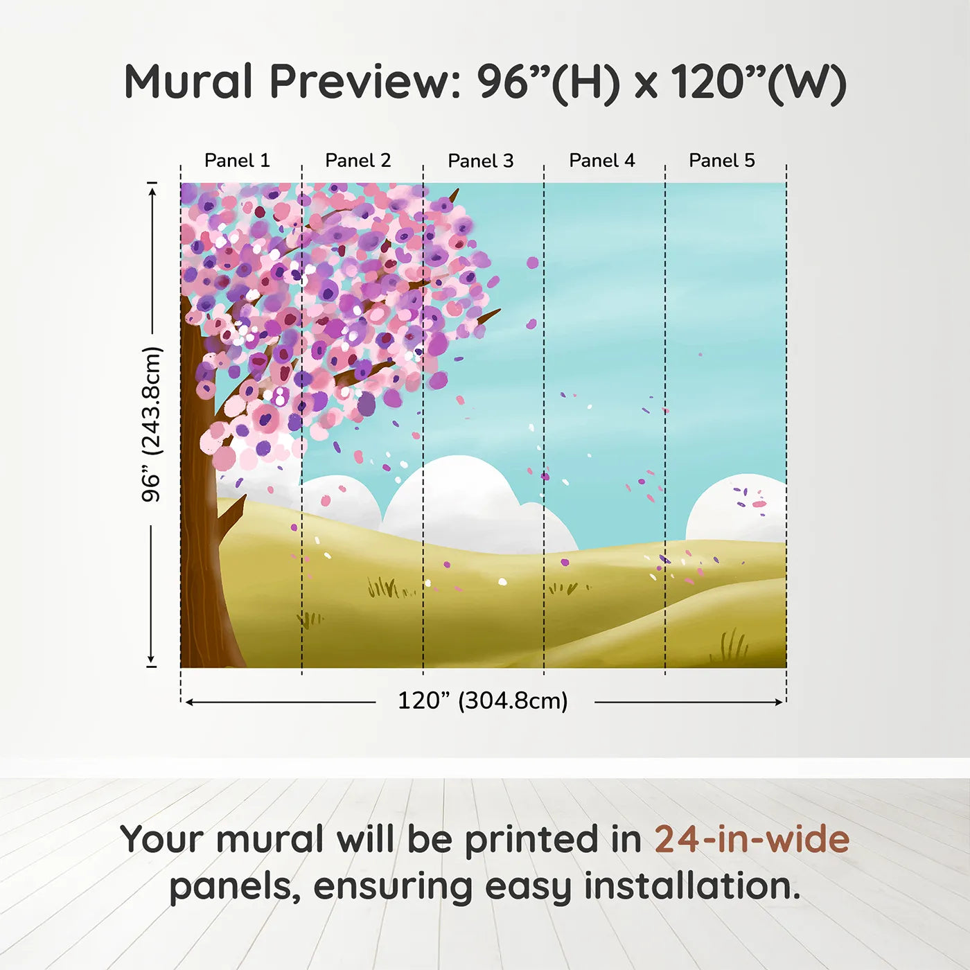 Whimsy Tots Spring Blossom Breeze Wall Muraldimension view (96" H x 120" W). Printed in five 24-inch-wide panels. Gender-Neutral