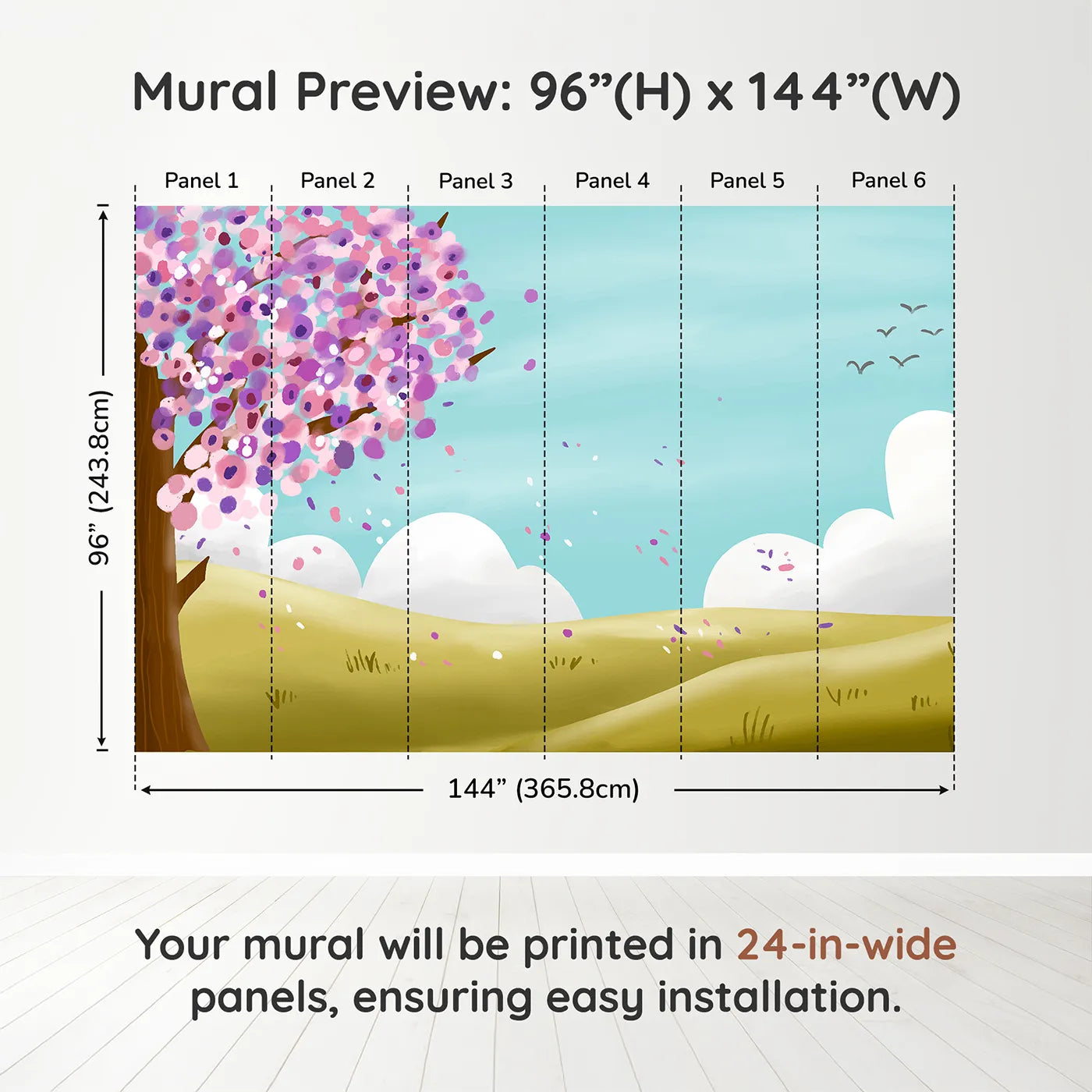 Whimsy Tots Spring Blossom Breeze Wall Muraldimension view (96" H x 144" W). Printed in six 24-inch-wide panels. Gender-Neutral