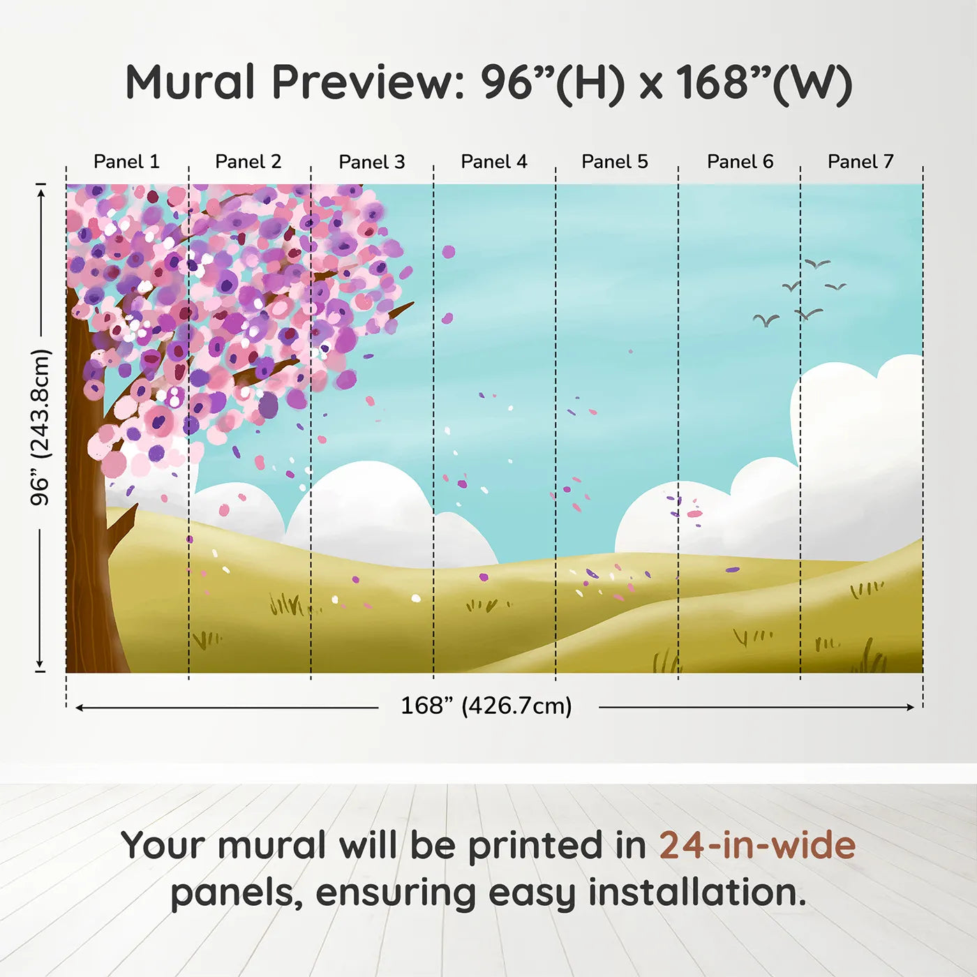 Whimsy Tots Spring Blossom Breeze Wall Muraldimension view (96" H x 168" W). Printed in seven 24-inch-wide panels. Gender-Neutral