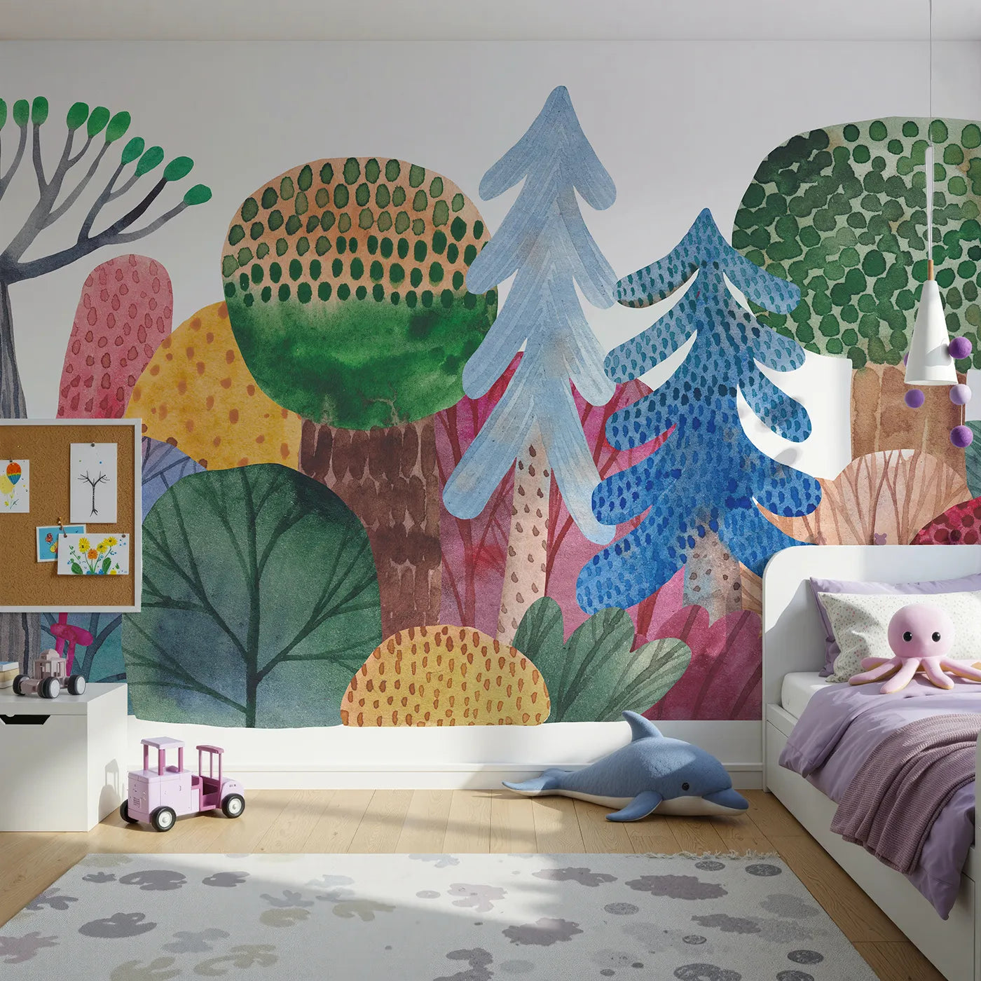 Front view of Whimsy Tots' Abstract Watercolor Forest Wall Mural