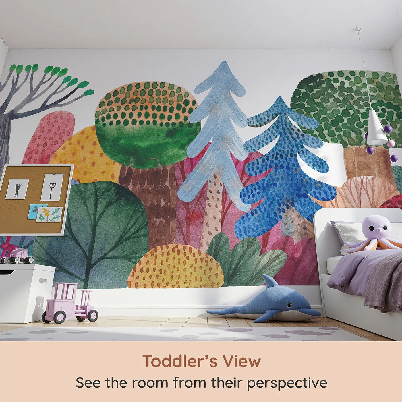 Whimsy Tots Abstract Watercolor Forest Wall Mural (Turn Their Room into a Colorful, Hand-Painted Woodland) from your child's view.Gender-Neutral