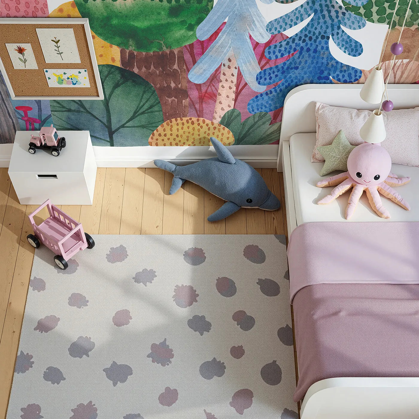 Top-down view of Whimsy Tots' Abstract Watercolor Forest Wall Mural (Turn Their Room into a Colorful, Hand-Painted Woodland).Gender-Neutral