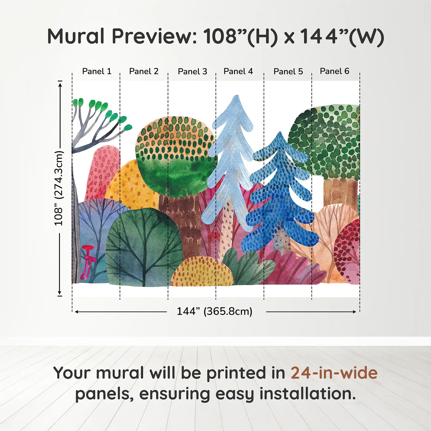Whimsy Tots Abstract Watercolor Forest Wall Muraldimension view (108" H x 144" W). Printed in six 24-inch-wide panels. Gender-Neutral