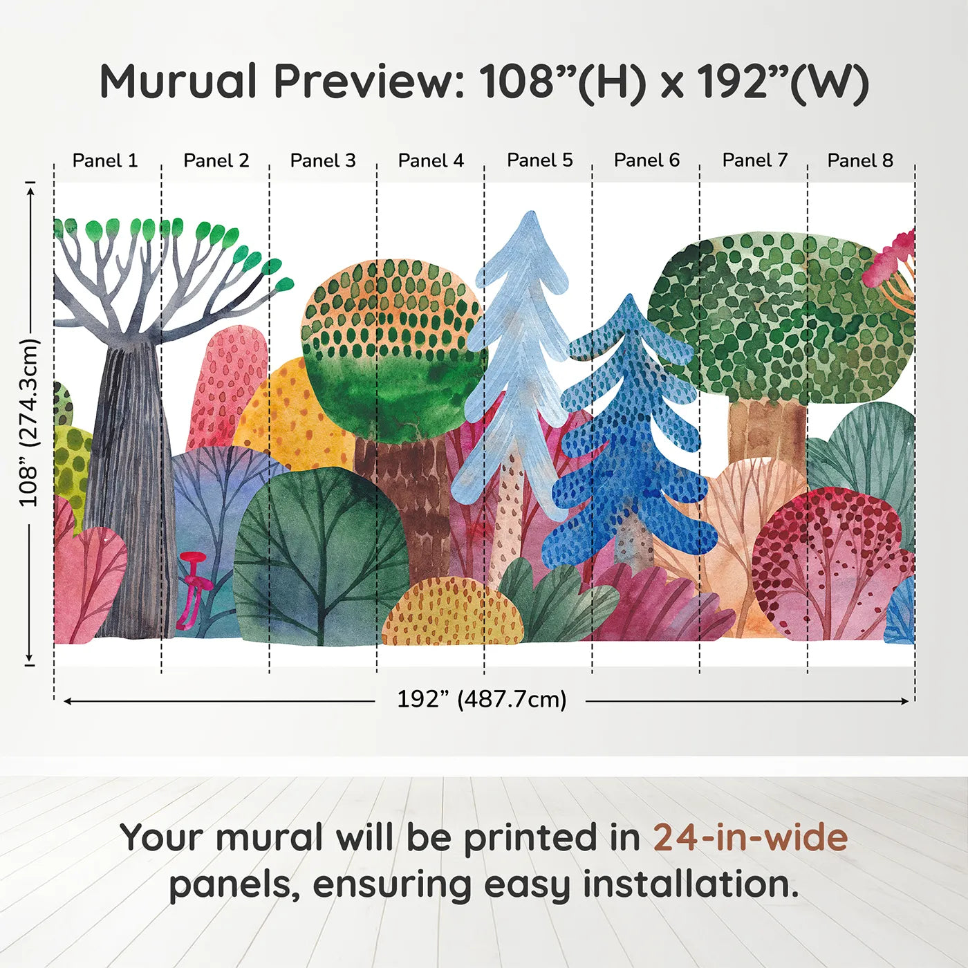 Whimsy Tots Abstract Watercolor Forest Wall Muraldimension view (108" H x 192" W). Printed in eight 24-inch-wide panels. Gender-Neutral