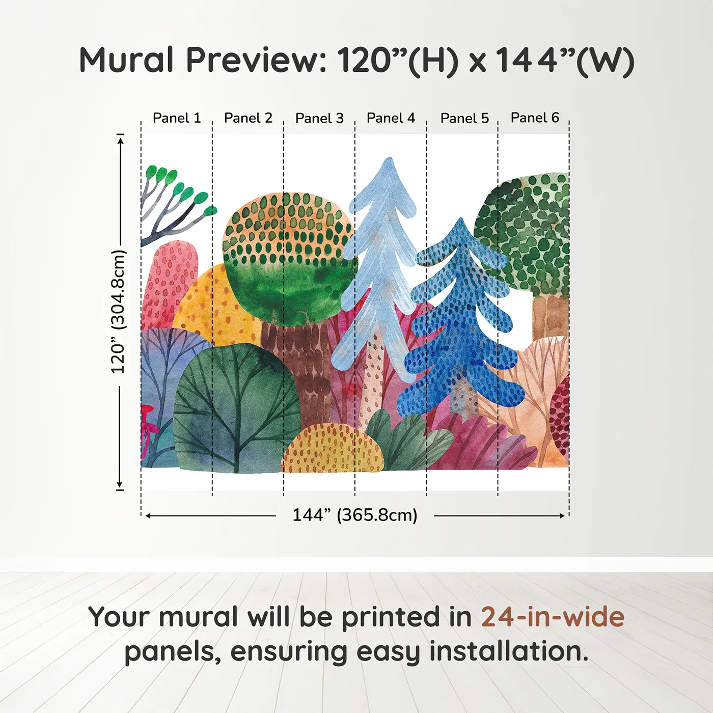 Whimsy Tots Abstract Watercolor Forest Wall Muraldimension view (120" H x 144" W). Printed in six 24-inch-wide panels. Gender-Neutral