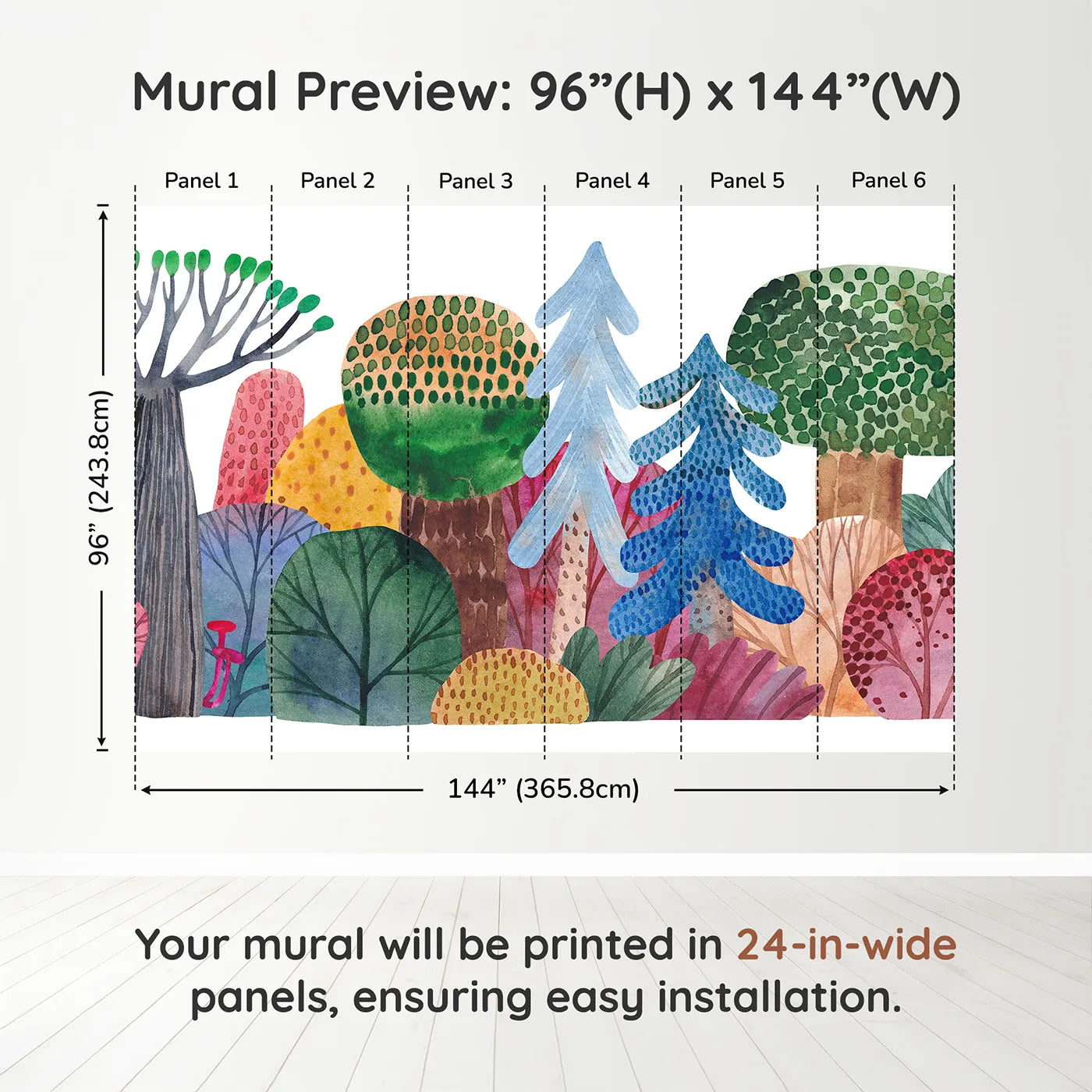 Whimsy Tots Abstract Watercolor Forest Wall Muraldimension view (96" H x 144" W). Printed in six 24-inch-wide panels. Gender-Neutral