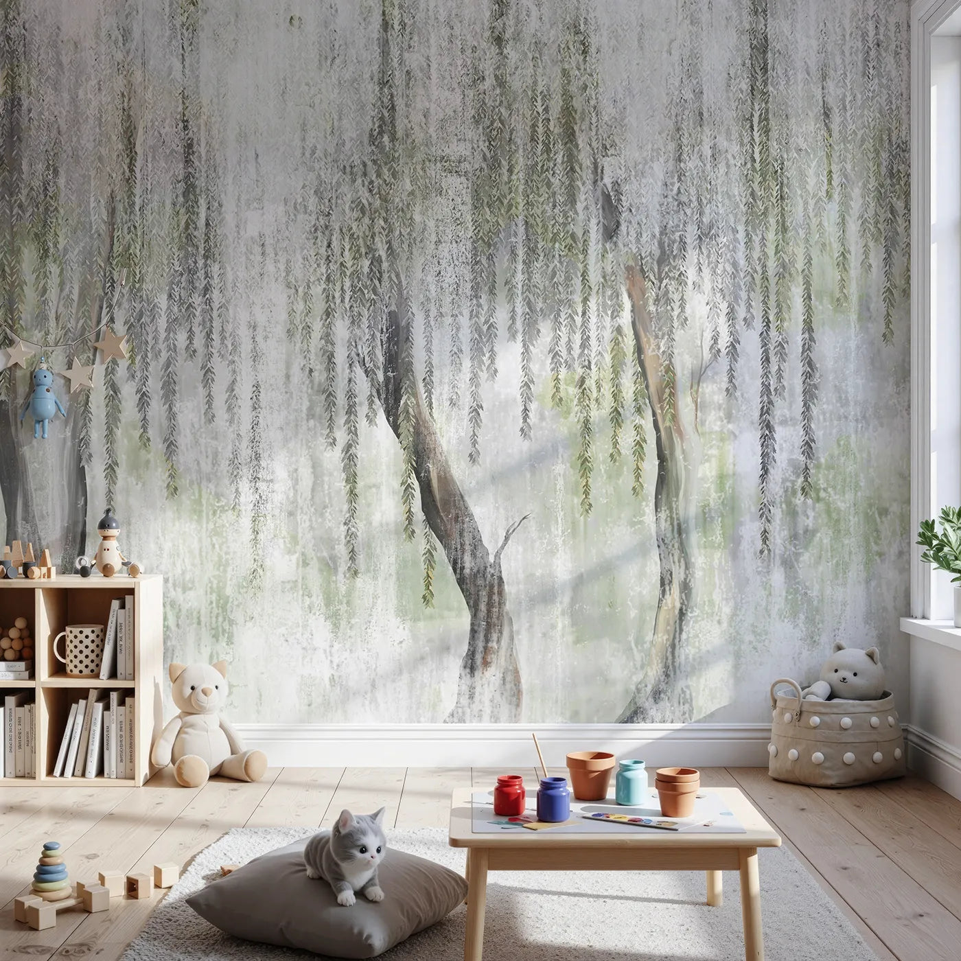 Front view of Whimsy Tots' Misty Weeping Willow Wall Mural