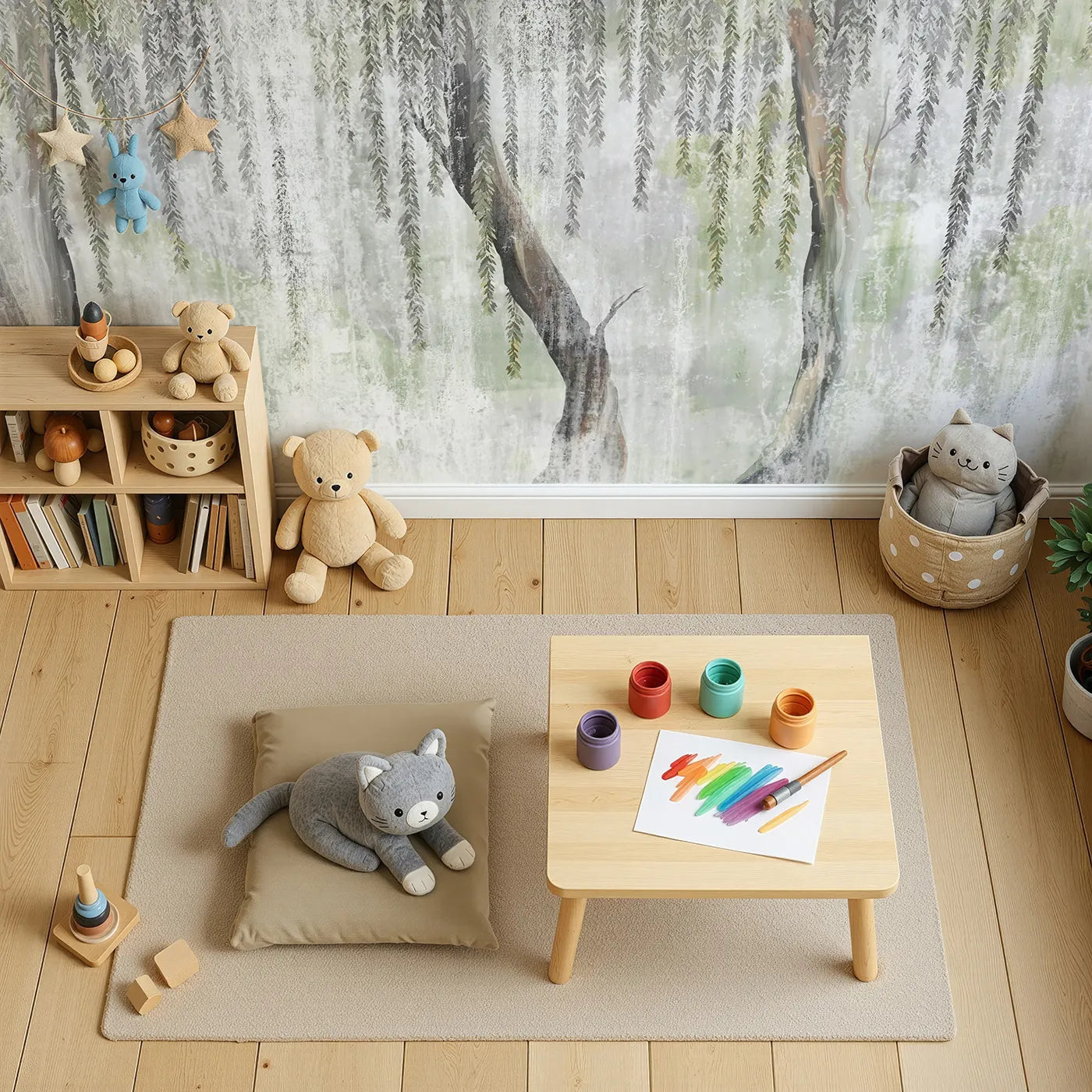 Top-down view of Whimsy Tots' Misty Weeping Willow Wall Mural (Turn Their Room into a Dreamy, Ethereal Forest).Gender-Neutral